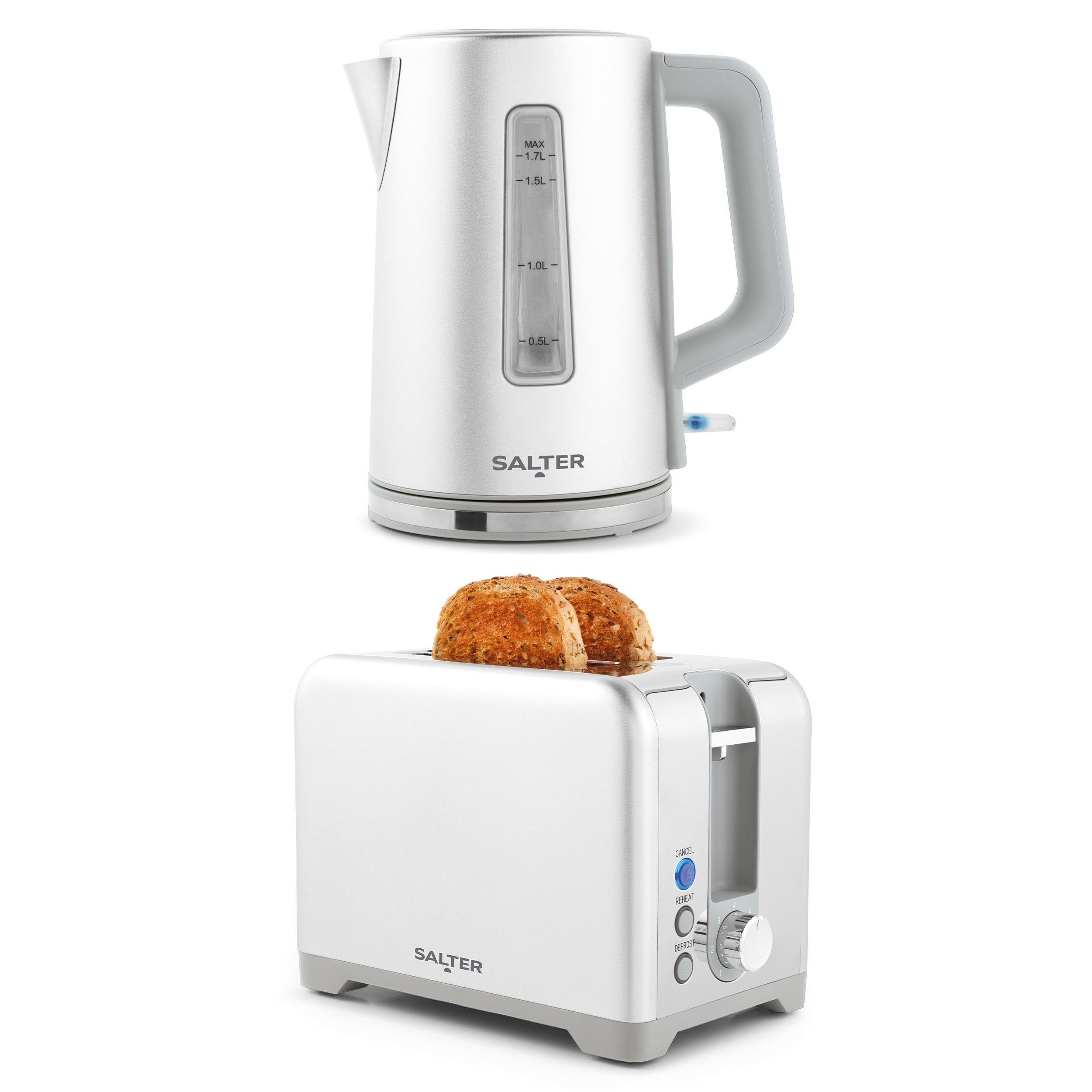Salter Aspen 1.7 L Kettle & 2-Slice Toaster – Wide Slots, 7 Browning Levels, Rapid Boil, Easy View Water Window, Removable Crumb Tray, Defrost/Reheat/Cancel Functions, Thick Bread, Metallic Finish