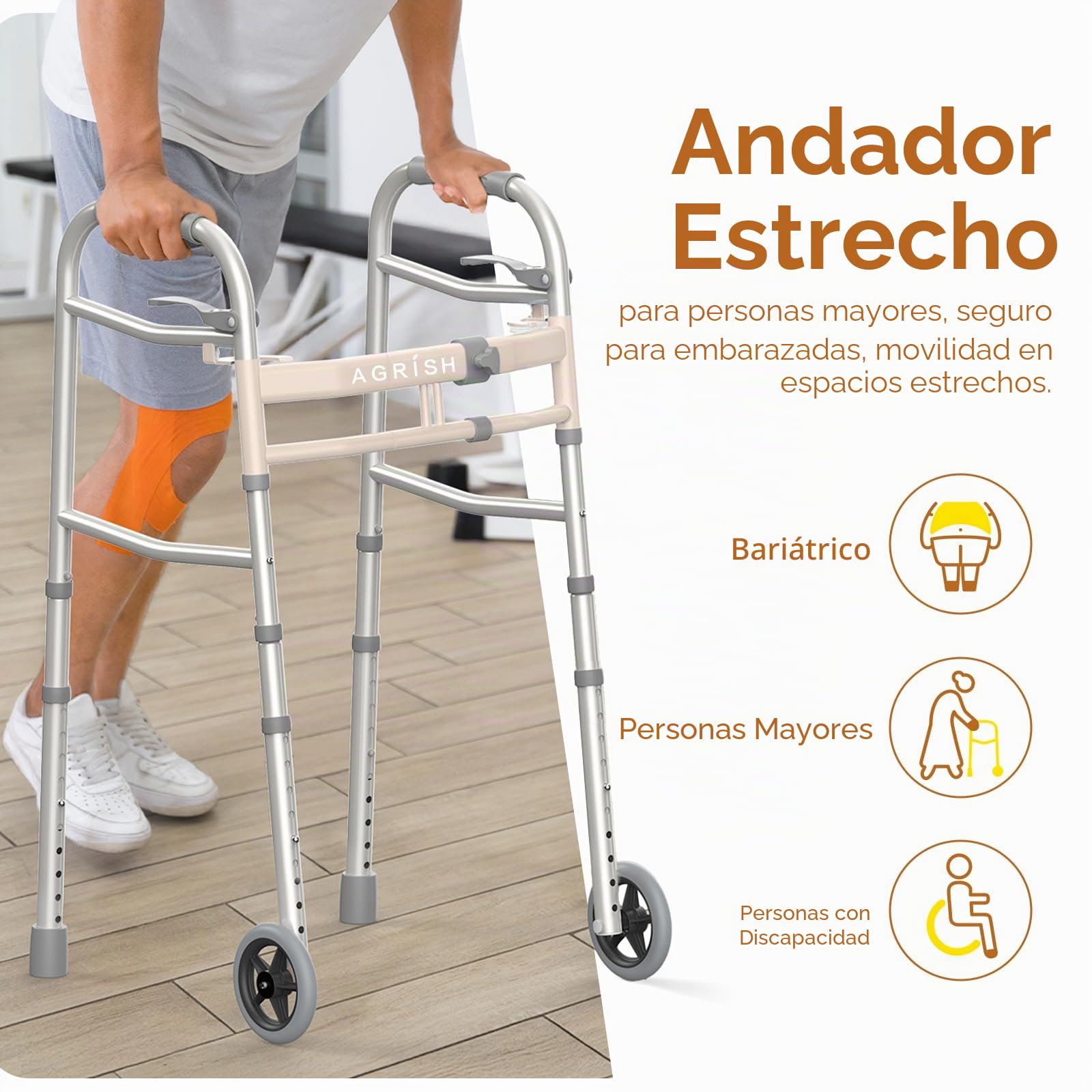 Andador Estrecho Plegable para Personas Mayores – Marco Ligero con Ruedas, Altura y Anchura Ajustables, Bastón Andador para Discapacitados, Capacidad 159 kg