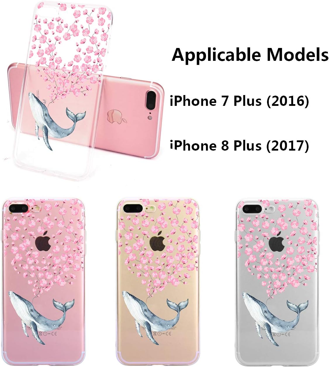 TRENSOM iPhone 8 Plus Whale Flowers Clear Case iPhone 7 Plus Case Floral Clear Soft TPU Slim Flexible Shockproof Fun Phone Cases for Women Girls-Fun Whale Pink Rose[5.5"]