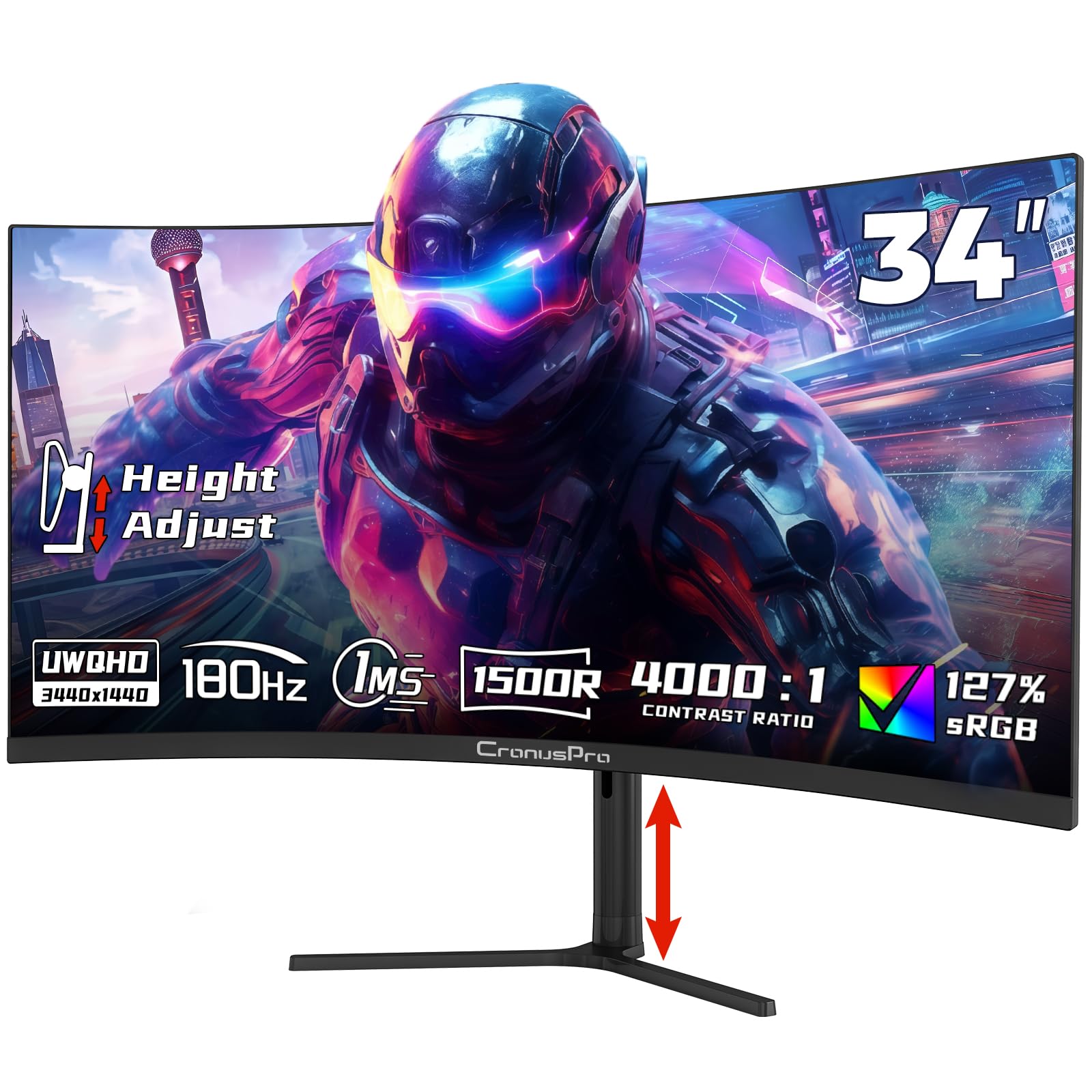 CronusPro 34 Zoll Ultrawide Curved Gaming Monitor, 180Hz, UWQHD (3440 x 1440) Höhenverstellbar, Pip/PBP, 1ms MPRT, AMD FreeSync, 21:9, 4000:1, 127% sRGB, 1500R, 2* HDMI 2.1/DP 1.4, VESA, Schwarz