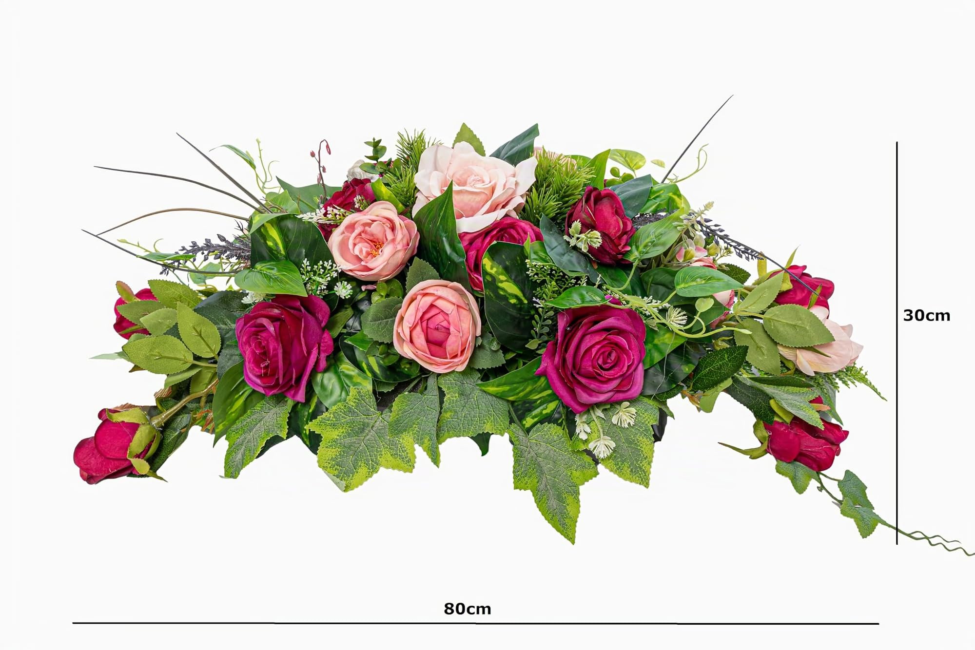 Generisch Grabaufleger aus künstlichen Textil Seidenblumen Rosen länglich 80cm groß XXL Friedhofsgesteck für Totensonntag Beerdigung wie Echt (Rosa)
