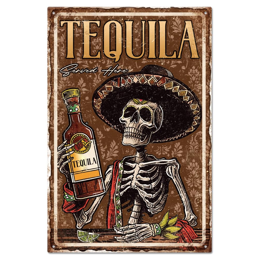 Scvgfdxzs Tin-01 "Tequila Served Here" Mexican Skeleton Tequila Metal Tin Sign Tequila Alcohol Art Plaque Poster Wall Decor For Kitchen Bar Club Restaurant Cafe 8X12 Inch