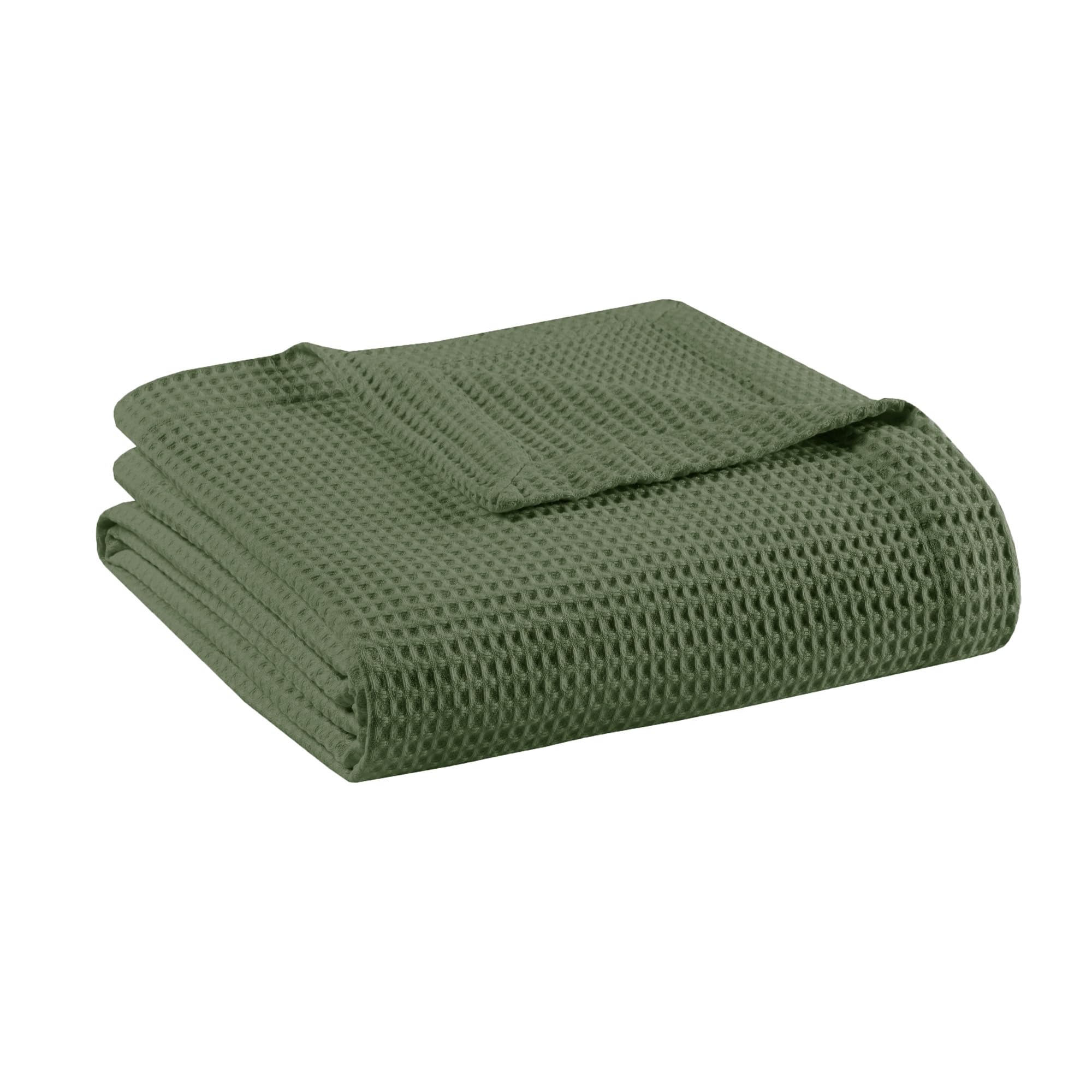 Madison Park 100% Cotton Blanket, Trendy Woven Waffle Weave Design, All Season, Lightweight, Breathable, Soft and Cozy Casual Summer Cover, for Bed, Couch and Sofa, Full/Queen, Olive Green