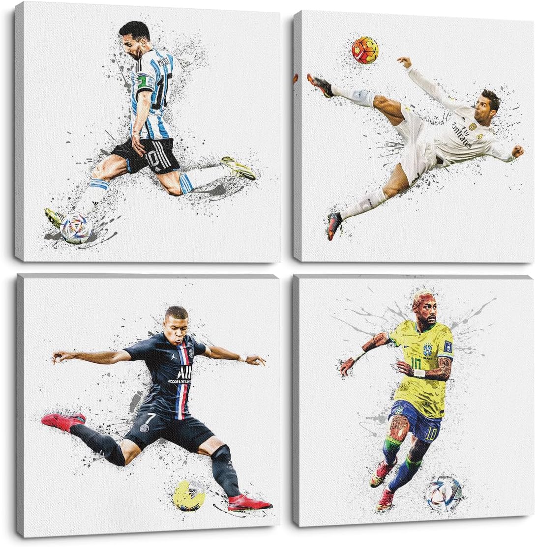 4PC Canvas Wall Art Framed Art Famous Soccer Superstar Room Decor Inspirational Sports Paintings Soccer Gifts Wall Decor Prints Picture for Boys Room Bar Gym Playroom Home Decor 7.9x7.9 inch