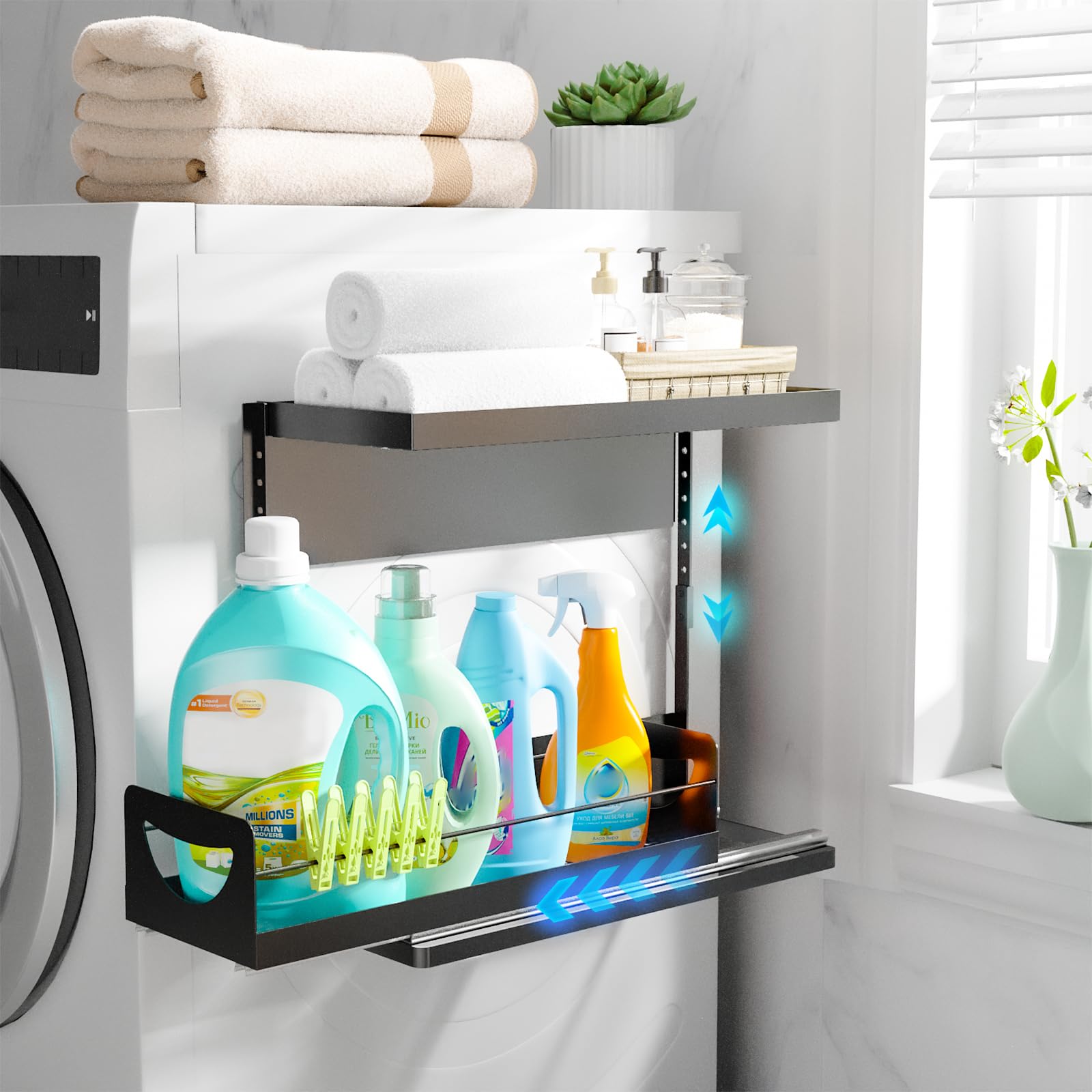 Photo 1 of **NEEDS HARDWARE***Heavy-Duty Magnetic Shelf With Pull-Out Drawers for Washing Machines, Dryers and Fridge; Height-adjustable Magnetic Shelf, Ideal for Storage in Laundry Rooms, Kitchens, and Living Rooms (Black)