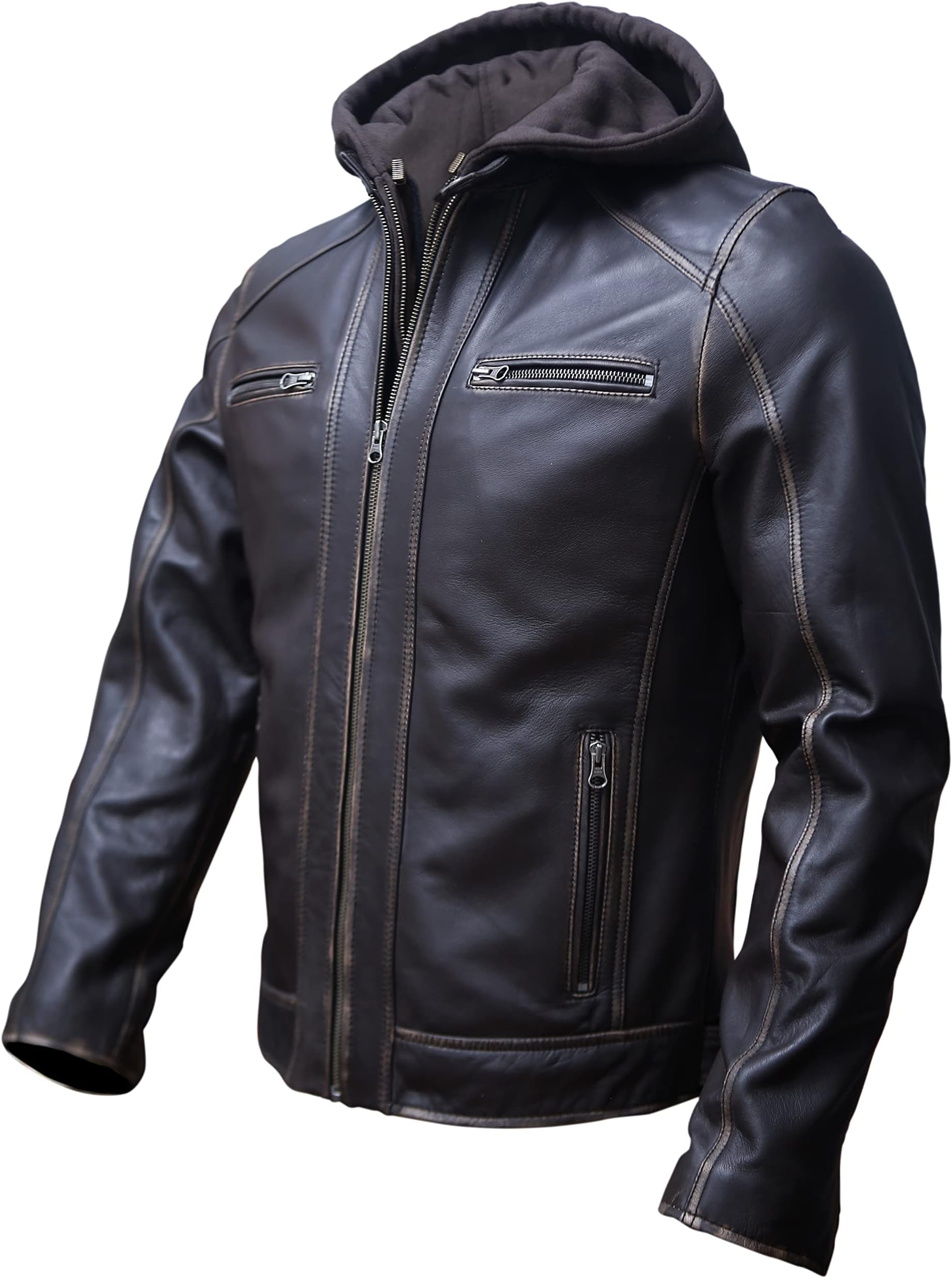 Artistry Mens Genuine Lambskin Leather Motorcycle Jacket with Removable Hood in Black Brown