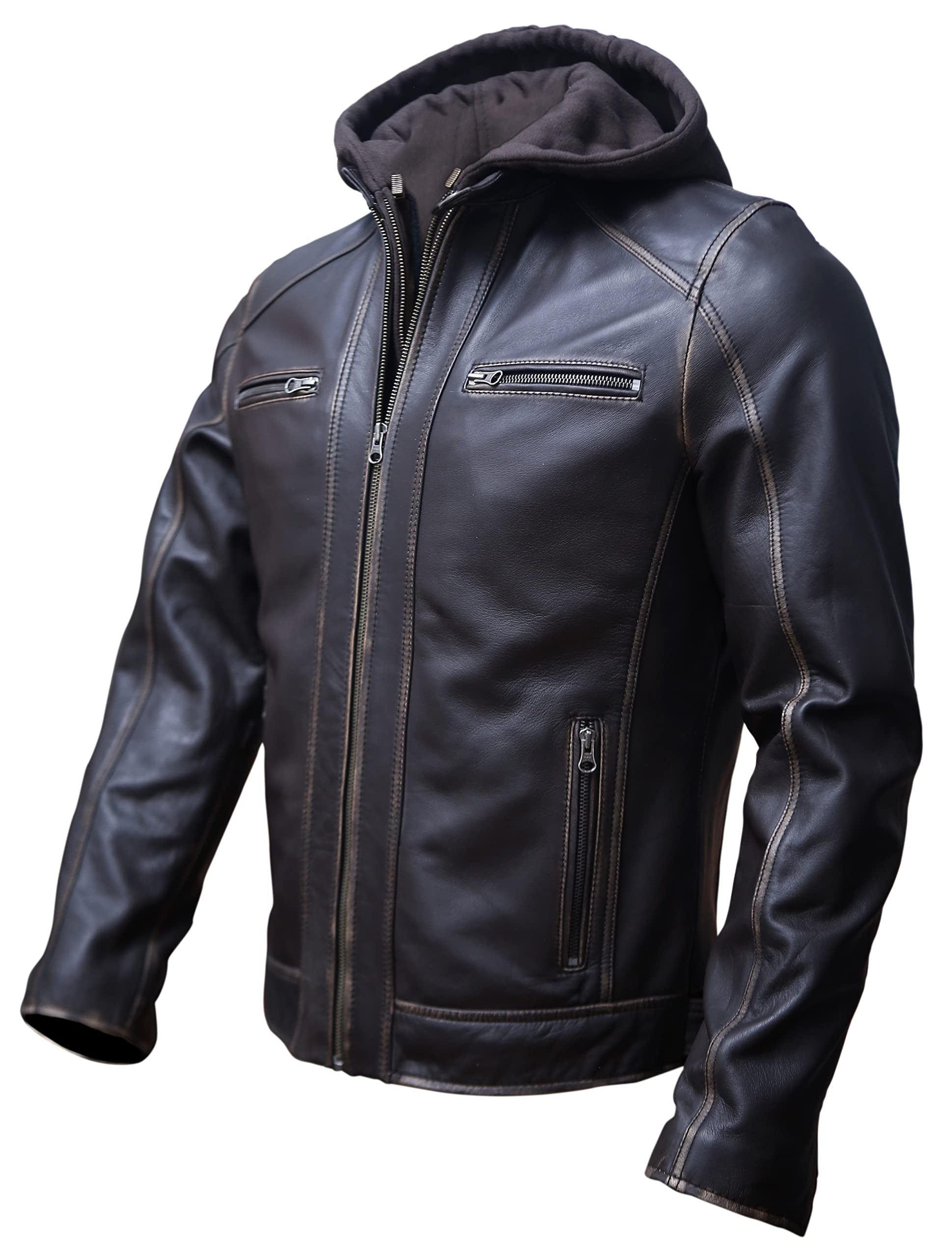 Artistry Mens Genuine Lambskin Leather Motorcycle Jacket with Removable Hood in Black Brown