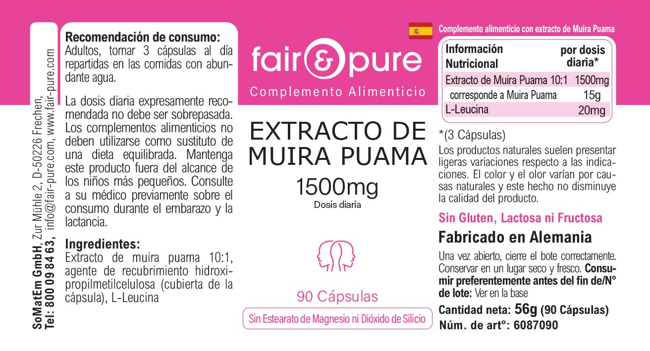 Fair & Pure Muira Puama 500mg, 90 Kapseln, schluckfreundlich, 10:1 Extrakt, Nahrungsergänzungsmittel vegan ohne Magnesiumstearat, in Deutschland hergestellt (Packung mit 2)