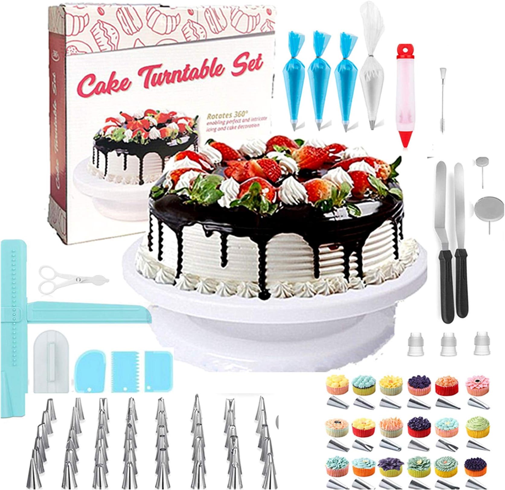 Cake Decorating kit/ Baking Supplies 174pcs w/ Cake Rotation turnable Stand Frosting, Piping Bags Back kit Set Icing Spatulas Pastry Tools