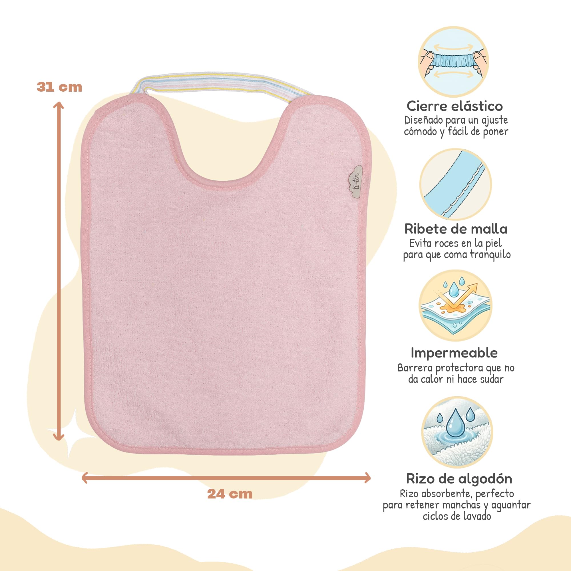 Ti TIN Pack 5 Baberos Bebé Impermeables y Absorbentes - 6 a 12 Meses - Ideal Guardería con Goma Elástica y Rizo de Algodón Extra Suave