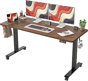 TIQLAB Electric Standing Desk, Adjustable Height Stand up Desk, 63 * 24 Inches Sit Stand Home Office Table with Splice Board, Black Walnut