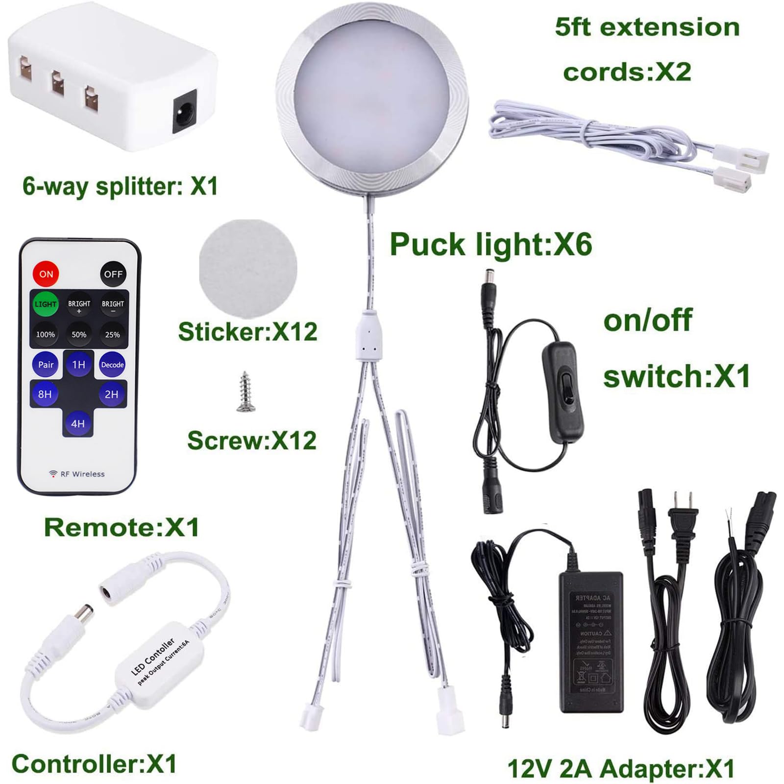 AIBOO Linkable Under Cabinet LED Lighting 12V Dimmable Puck Lights with Wireless RF Remote Control, Hardwired & Wall Plug in for Counter Lighting(6 Lights, Warm White)