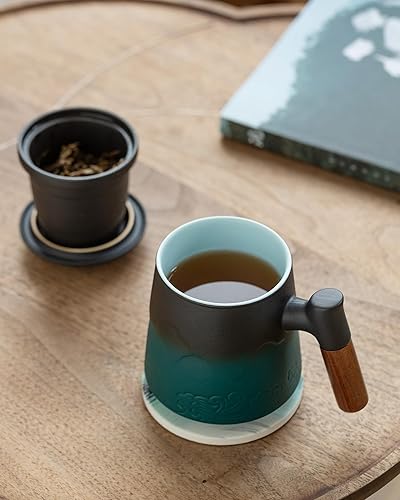 Vista 29 de ZENS Taza de té con infusor y tapa para té de hojas sueltas, taza de té de cerámica de 15.2 onzas con coladores de té finos y posavasos de Negro&azul