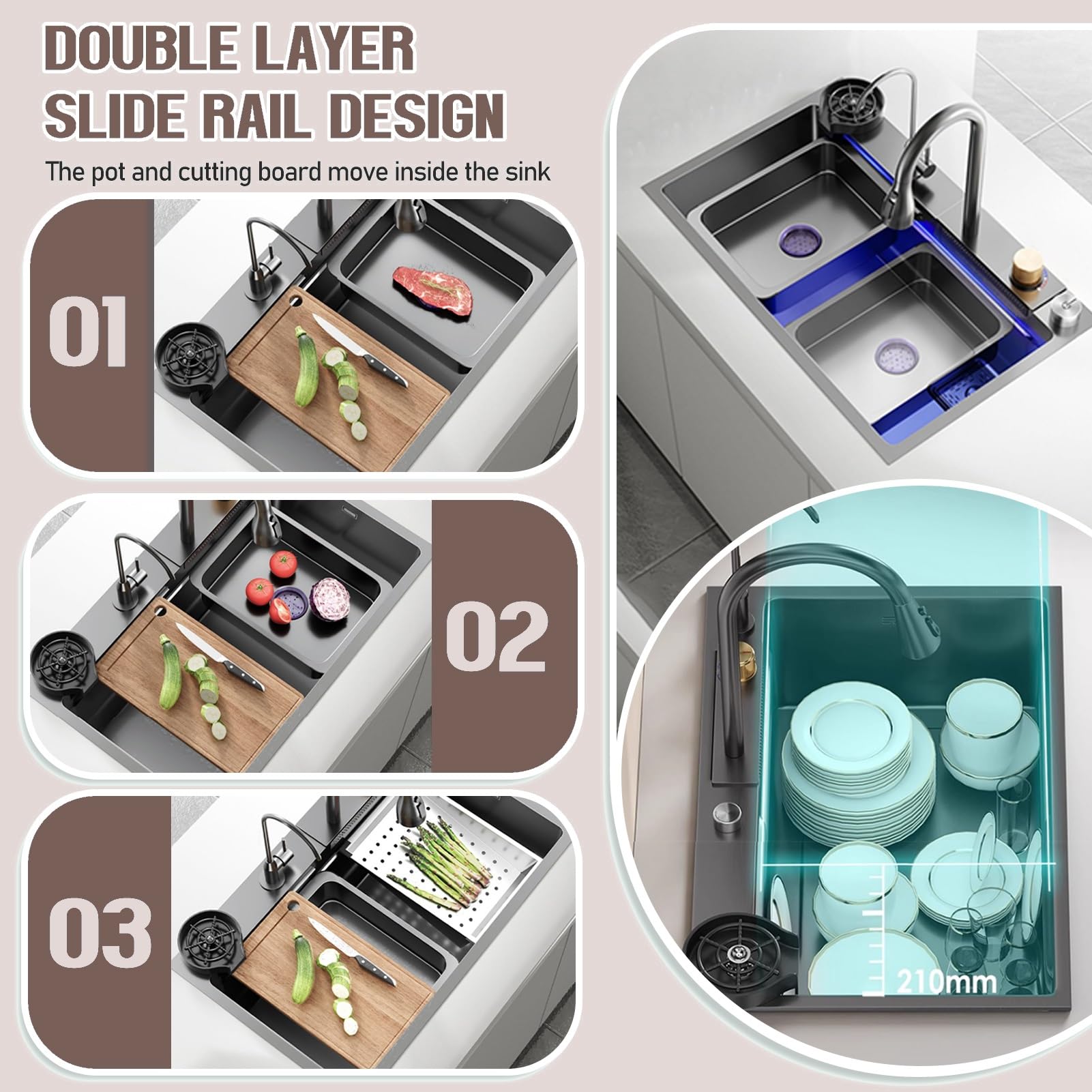 Fregadero De Cocina De Acero Inoxidable De Montaje Superior De Color Gris Negro, Estación De Trabajo Con Barra En Cascada De Gran Capacidad, Salida De Drenaje Derecha, Tazón Único Nano Para El Hogar,