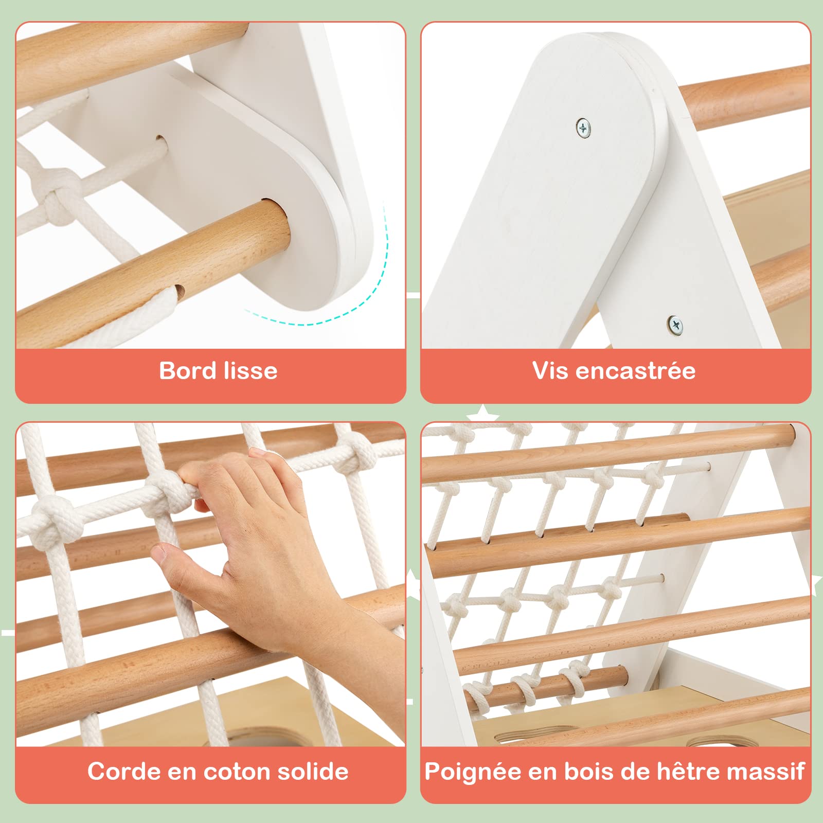 COSTWAY 4 en 1 Triangle d'escalade Enfant avec Toboggan, Echelle d'escalade en Bois avec Filet, Inclinaison Réglable, Intérieur, Charge 50kg pour Enfants de 1 an+