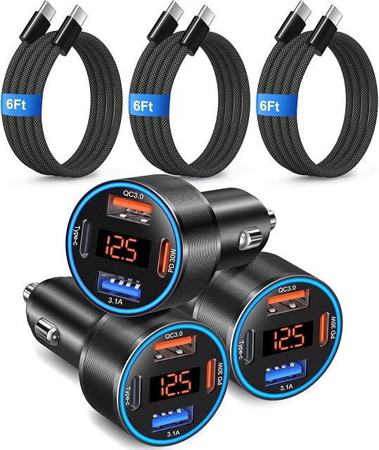 USB C Chargeur de voiture, Bangfun 65W 4-Port Double USB-C & USB-A Chargeur de téléphone de voiture QC+PD 3.0 Chargement rapide, adaptateur d'éclairage de cigarette, 12V USB Chargeur pour iPhone 17 16 15 14, Galaxy, câble de type C Android+4X