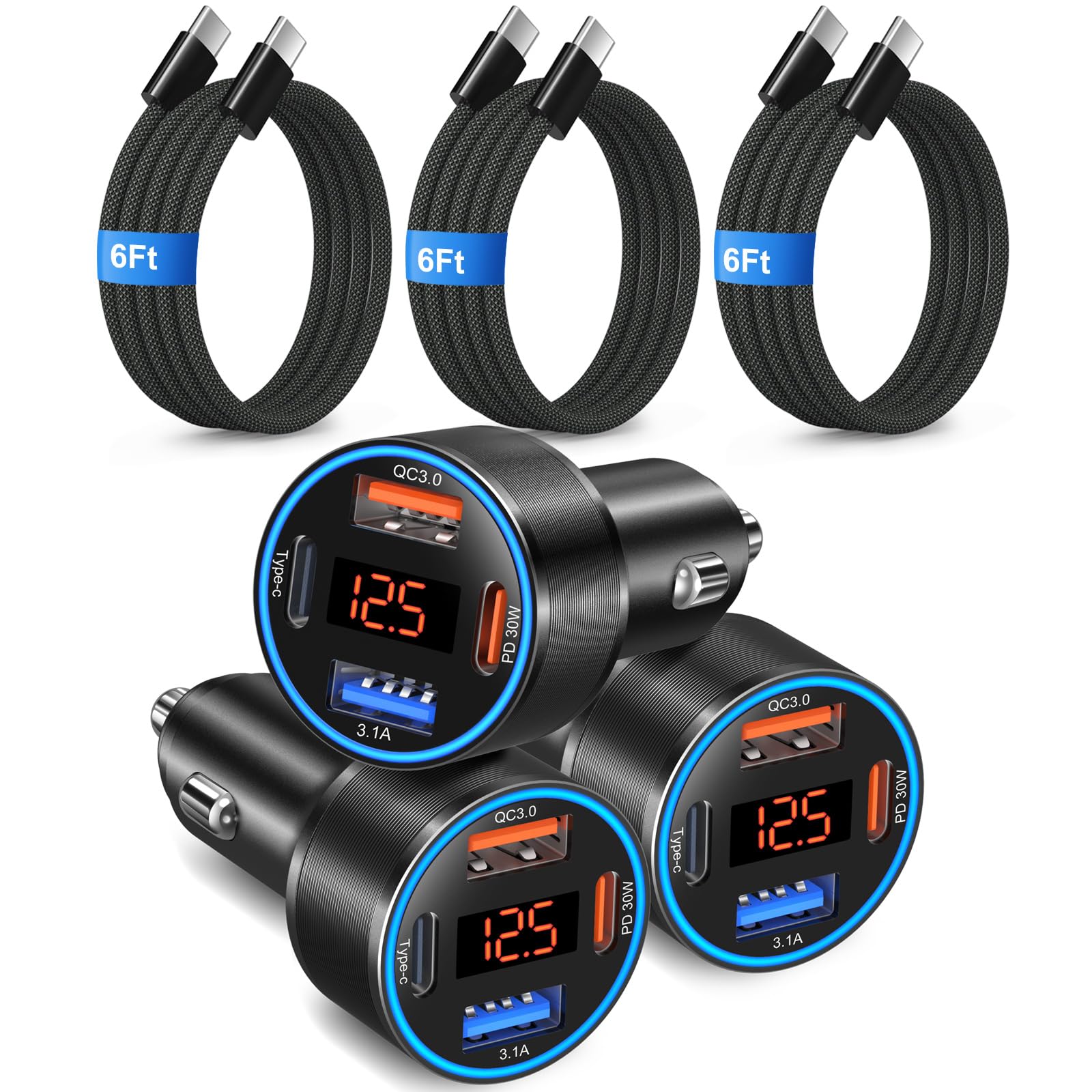 65 W 4-portowa ładowarka samochodowa USB C super szybka typu C do Galaxy S25/S24/S23/S22 Ultra/iPhone 17/16/15, 3-pak QC i PD 3.0 szybkie ładowanie Android ładowarka samochodowa adapter do zapalniczki