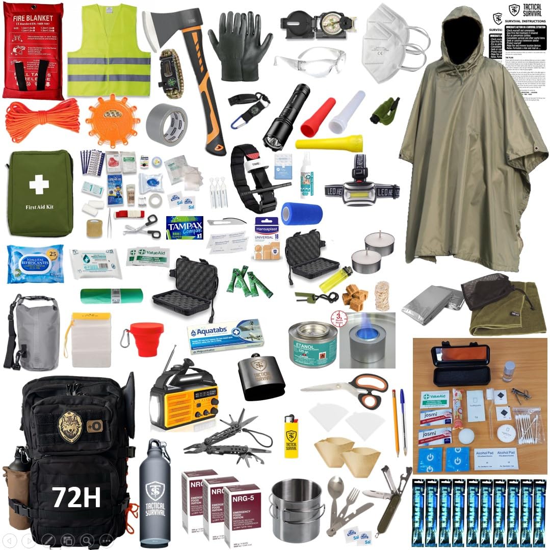 Mochila de Supervivencia 72H con Radio EMERGENCIAS - Kit EMERGENCIAS para 72 Horas (1 Persona) 142 Piezas