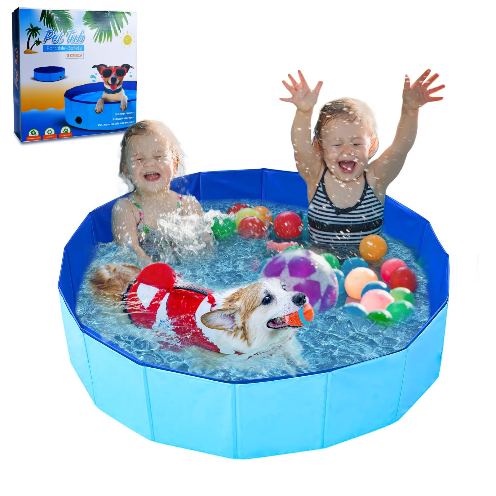 Piscina para Perros, 120 x 30 cm Plegable Piscina para Perros y Gatos Pequeños Medianos y Grandes, Portátil Bañera para Mascotas Niños para Interior o Exterior Segura Antideslizante (Azul)