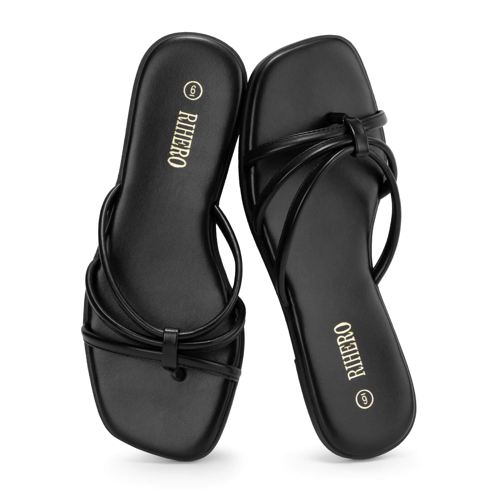 Rihero Women's Flip Flops Multi-Strap Square Toe Flat Sandals Trendy Strappy Flat Slides, Minimalist Knot Design, Lightweight Thong Sandals, Summer Casual Flats for Beach Vacation