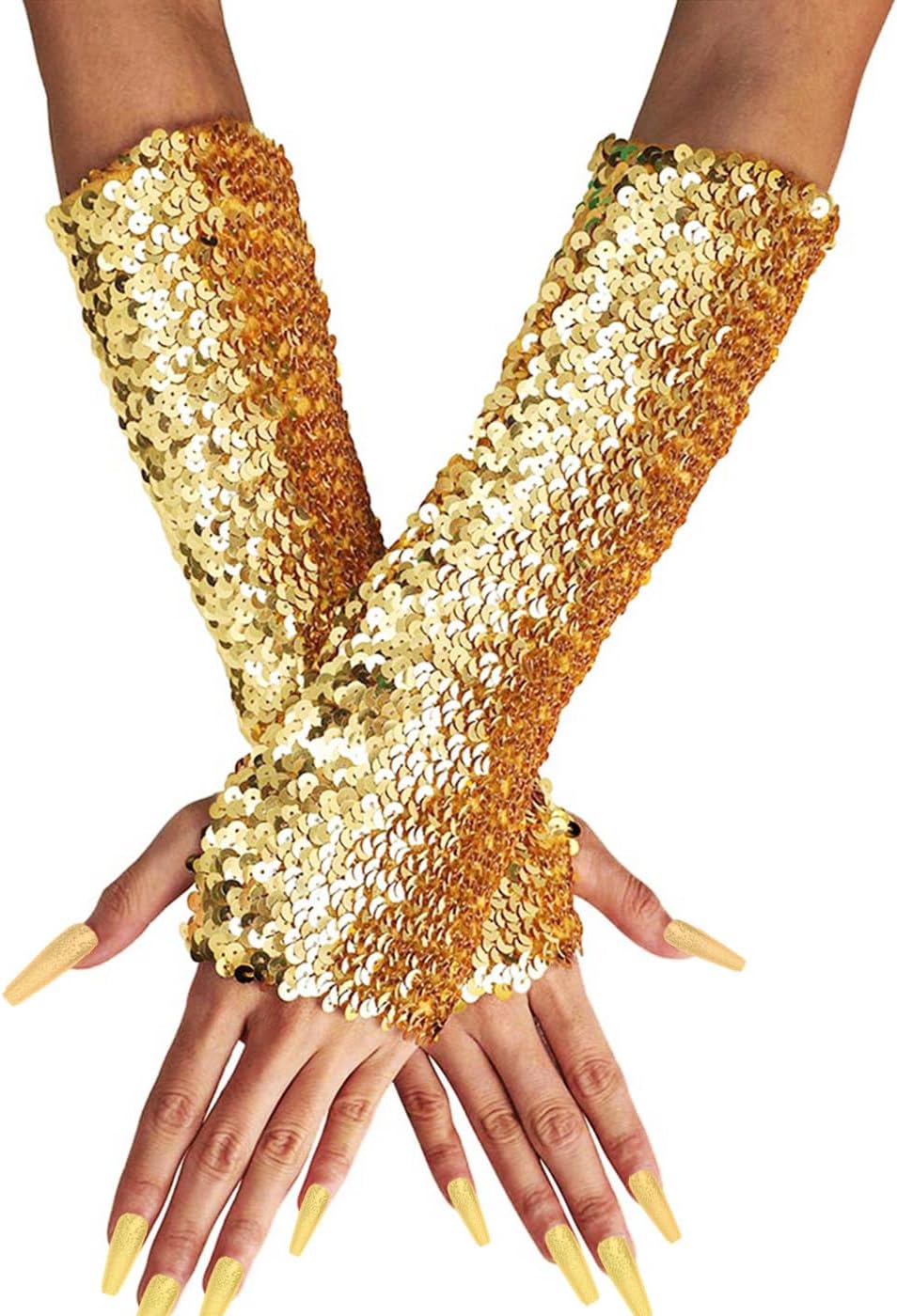 Fashion Sparkly Sequins Long Fingerless Elastic Glitter Rave Party Costume Gloves for Women and Girls