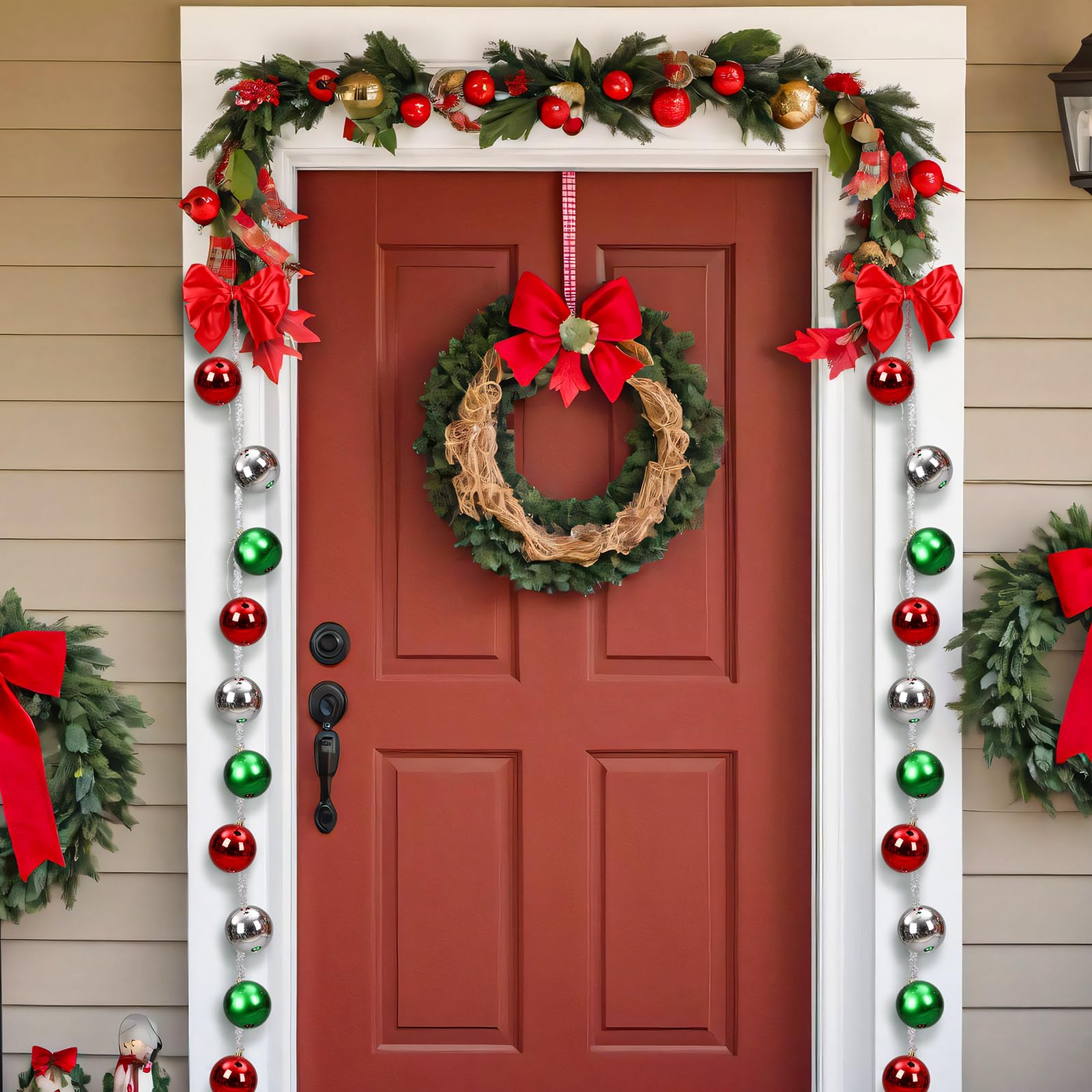 Pinkunn Weihnachtsdekoration, Weihnachtsdekoration, Kugelgirlanden mit roter Schleife, LED-Lichter, mehrfarbig, für Haustür, Weihnachtsbaum, Kranz, Fenster, Wand, Garten, Innen- und Außenbereich, 2