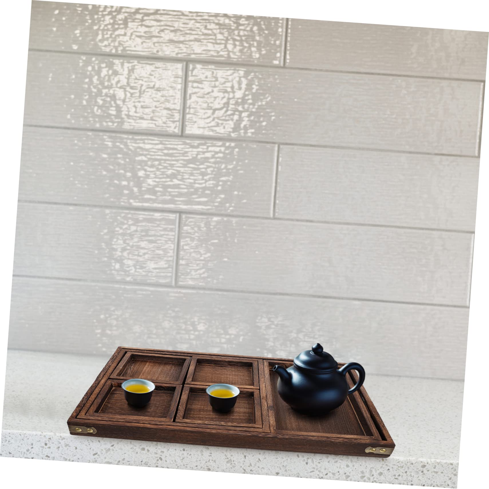 Cabilock Bandeja de Té de Madera Rectangular, Juego Compartimentos | Diseño Simple, Superficie Lisa E, Biodegradable, Formato de Inicio para Vajilla y Servicio