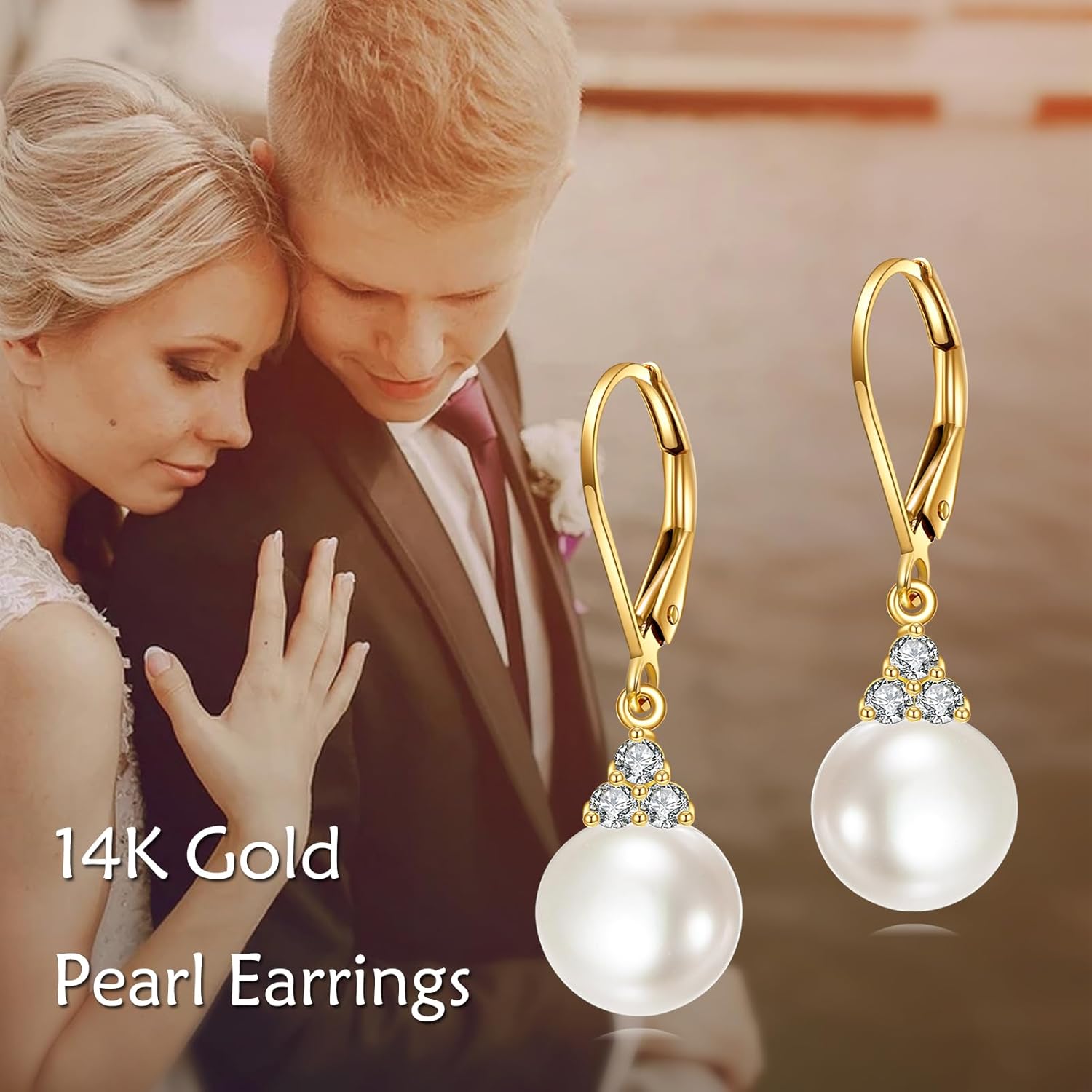 14K Solid Gold Freshwater Pearl Drop Leverback Earrings for Women - Cubic Zirconia Pearl Dangle Jewelry Gift (9MM)