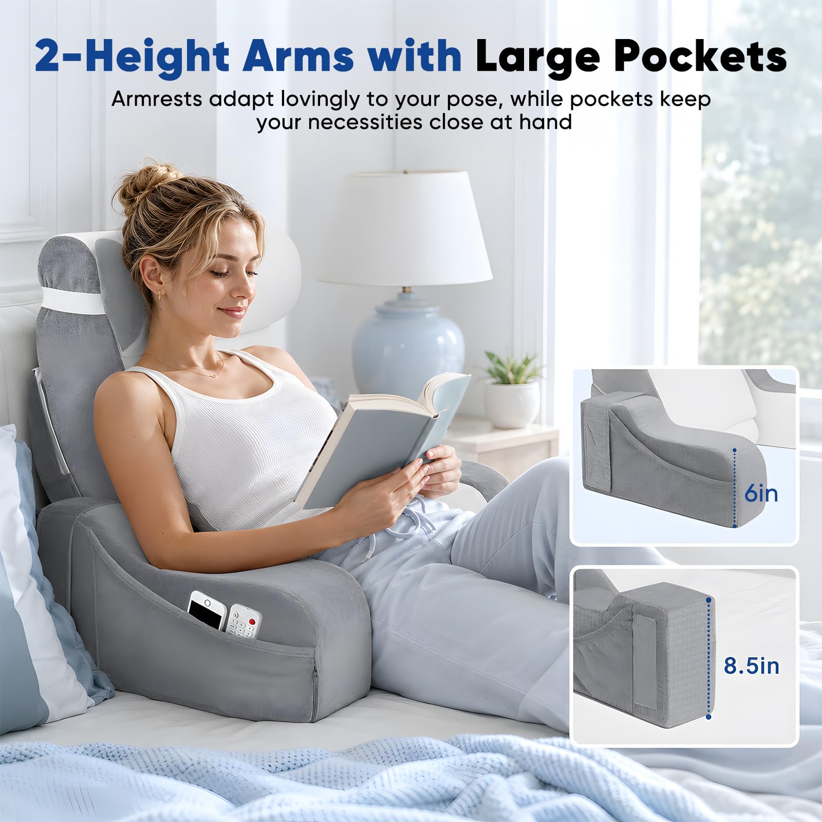 Lesekissen für Bett und Sofa, 30°/45°/ 90° Anpassung Rückenkissen mit Abnehmbarer Nackenrolle & Armlehnen, Bettkissen Rückenlehne, Rückenkissen Sofa zum Sitzen im Bett, Sofa, Lesen, Fernsehen
