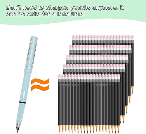 Miniatura 4 de Hoedia 6 lápices eternos ilimitados sin tinta, bolígrafo reutilizable eterno con borrador y 6 puntas de repuesto, bolígrafos infinitos borrables