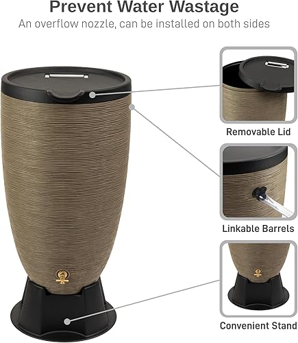 Miniatura 4 de RTS Home Accents Barril de lluvia Newport de 50 galones con soporte y tapa extraíble, color arenisca