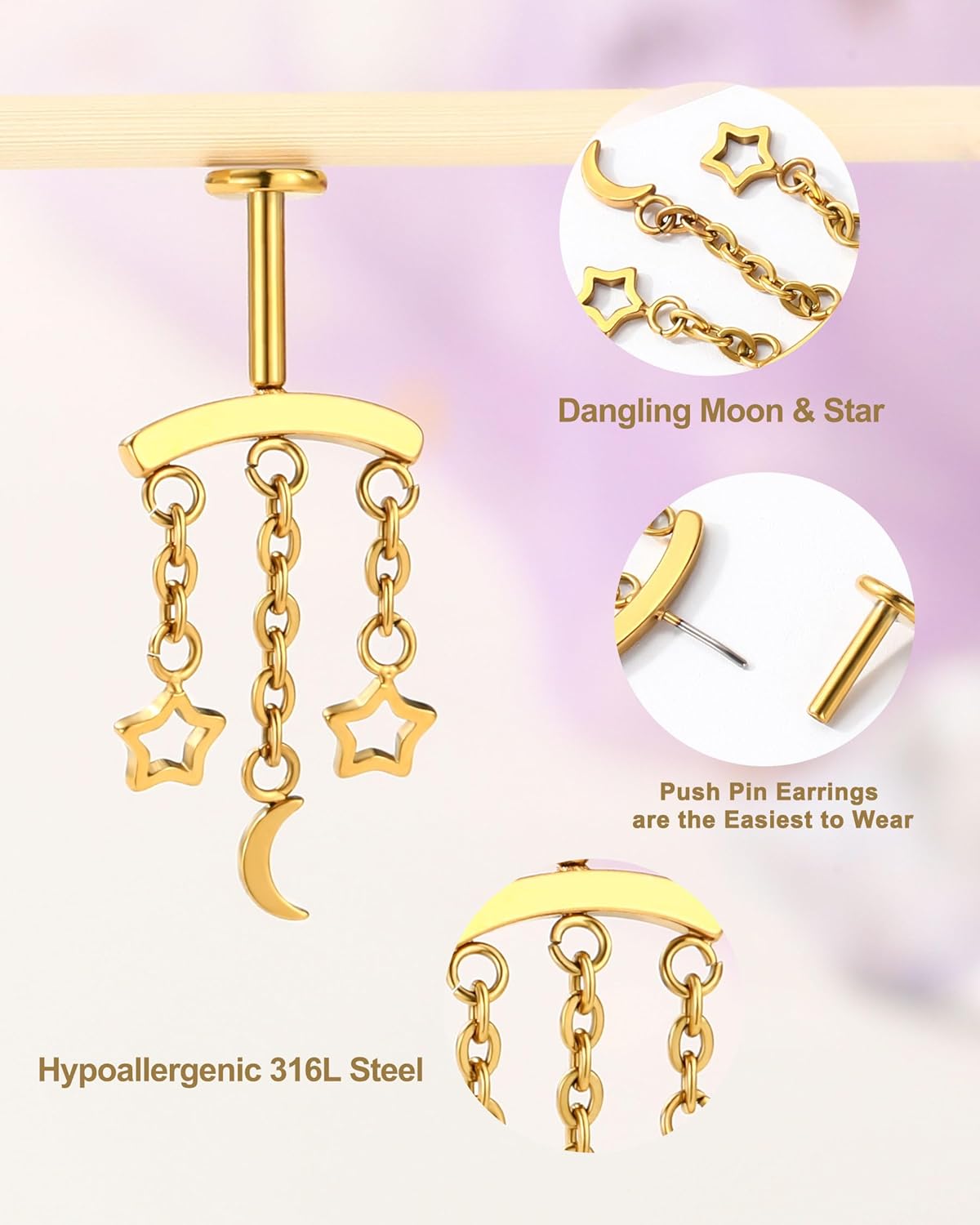 Crescent Moon Star Chain Vertical Hidden Helix Stud Earrings Dangle 316L Stainless Steel Flat Back Threadless Push-Pin Cartilage Rook Piercing Jewelry - Image 4