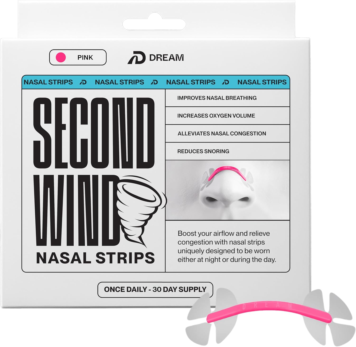 Dream Recovery Second Wind Nasal Strips - Nose Strips for Breathing, Sleep and Athletic Performance - Snore Relief and Congestion Support - Black, 30 Count