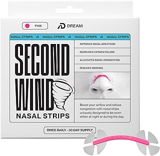 Dream Recovery Second Wind Nasal Strips - Nose Strips for Breathing, Sleep and Athletic Performance - Snore Relief and Congestion Support - 30 Count - Pink