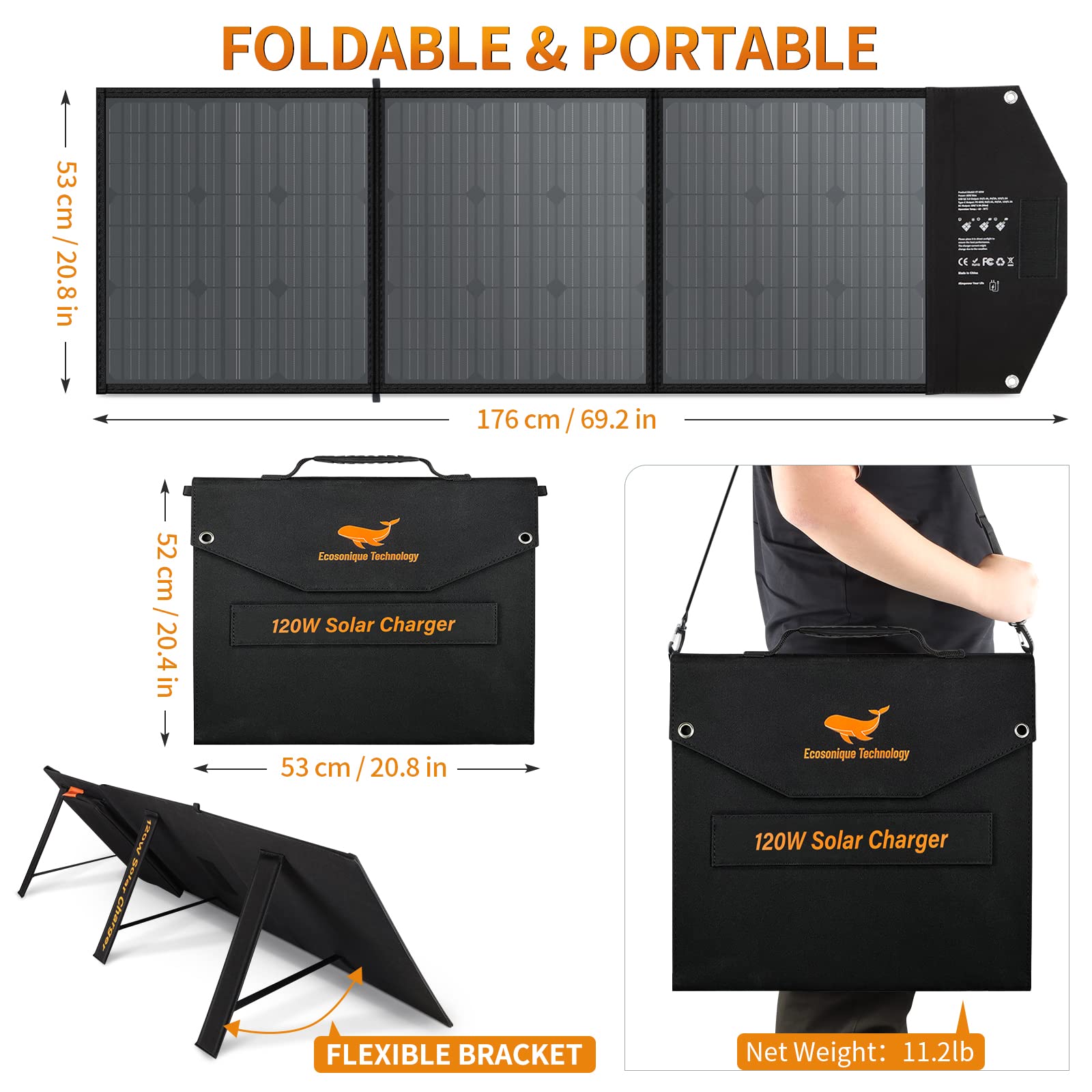 Ecosonique120W Portable Solar Panel, 18V Foldable Solar Panel Kit with MC4 Output forJackery