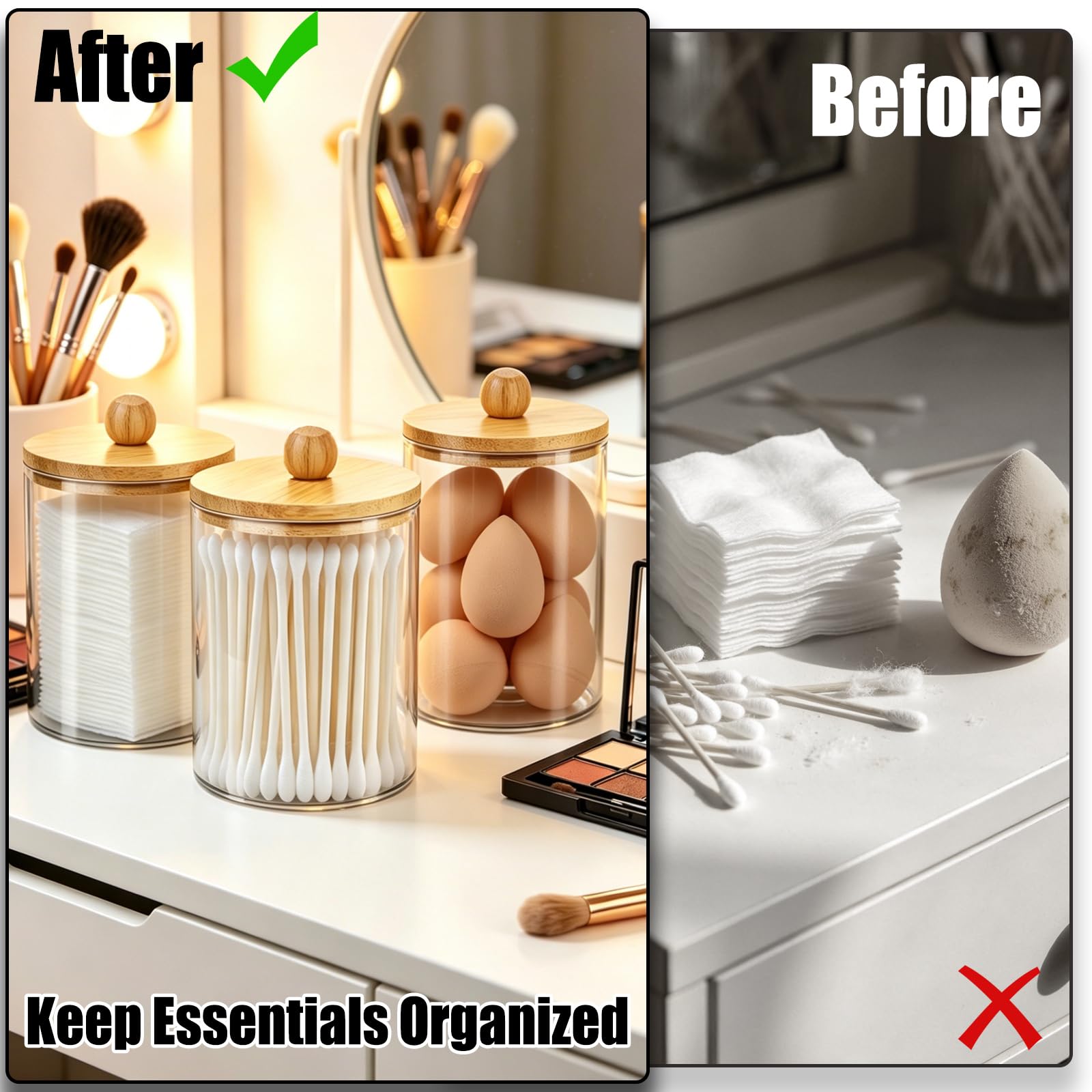 Set de 3 Organizador Bastoncillos de Algodón Acrílico con Tapa, Dispensador Contenedor Discos Desmaquillantes Bolas de Algodón Almacenamiento Cosméticos Baño Tocador, Transparente, Negro