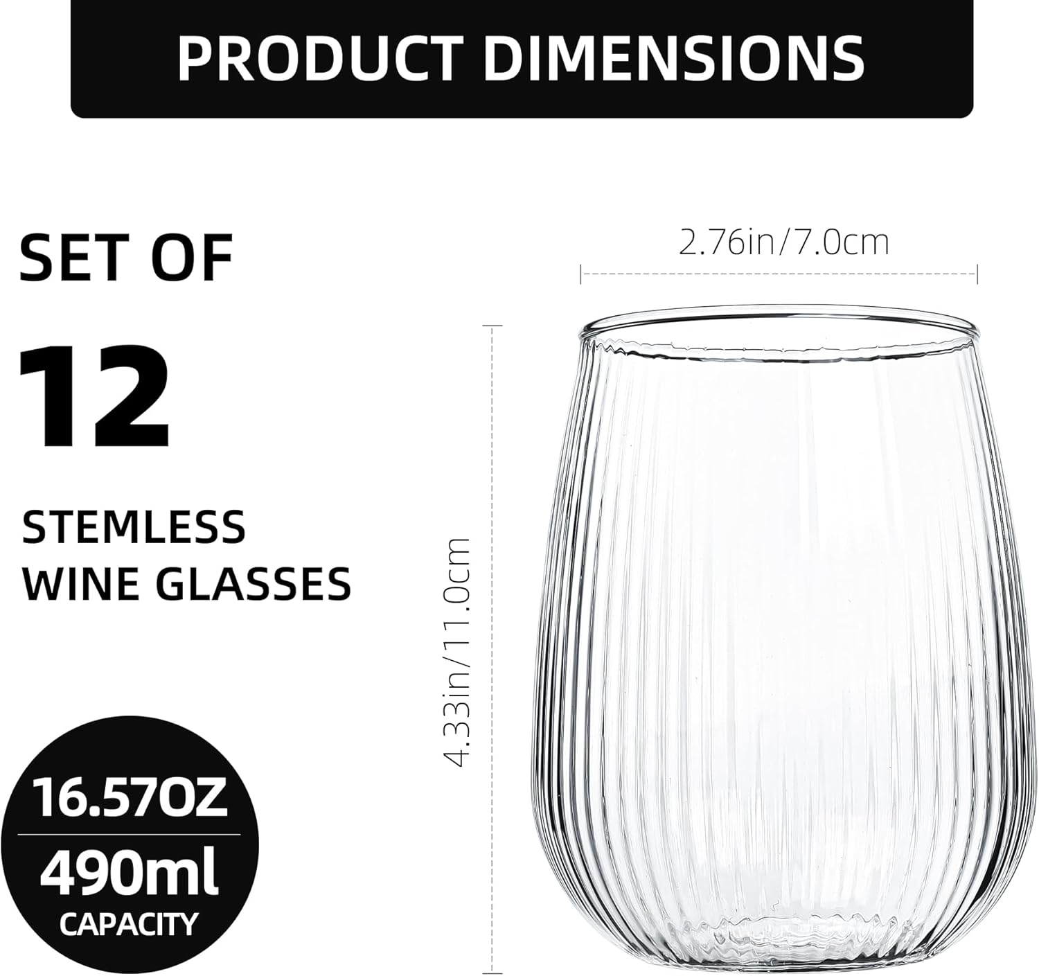 Stemless Wine Glasses Set of 12, 16.5 oz Ribbed Texture Modern Glasses for Red & White Wine, Durable Glassware for Home, Bar, Party, and Daily Use (Ribbed Texture)