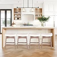 Sophia & William White Bar Stools Set of 4 - 24" Counter Height Modern Saddle Stools with Linen Fabric & Solid Wood Legs