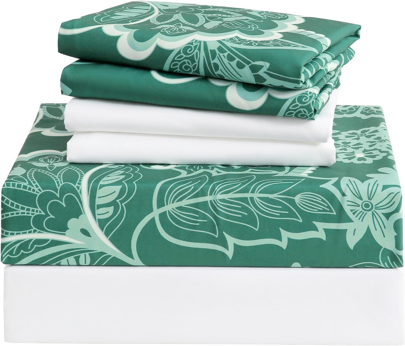 Botanical 6-Piece Queen Bed Sheets Set, Boho Floral Print Brushed Microfiber Sheets, Cooling Bed Sheet Set, Ultra Soft & Breathable, 16' Deep Pocket Fitted Sheet & Pillowcase Set, Green Paisley