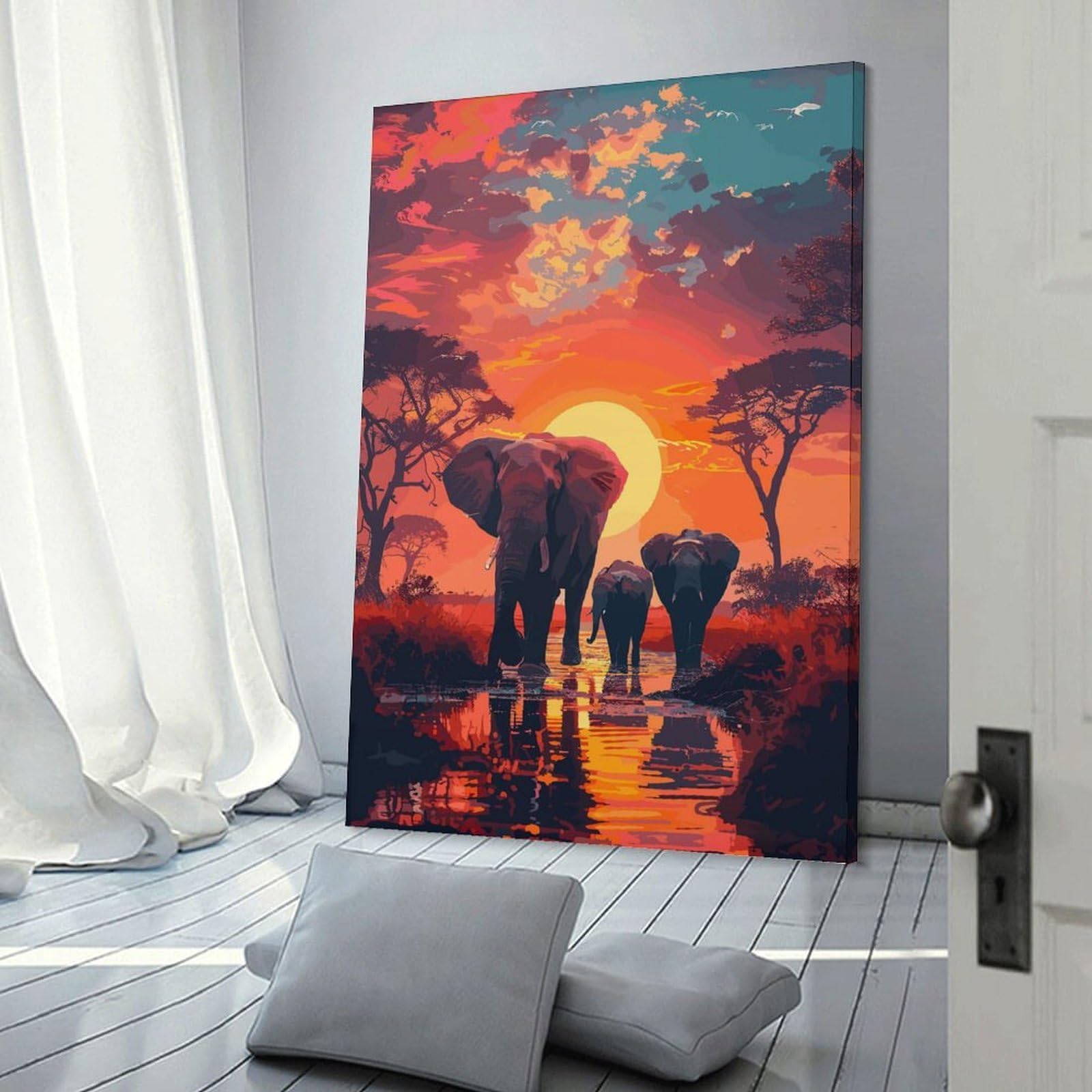 Junmoney Elephants Savanna Nature Decorative Wall Artwork 24x36inch(60x90cm), for Living Room, Bedroom, Office Or Hallway, Decorative Artwork with Broad Appeal