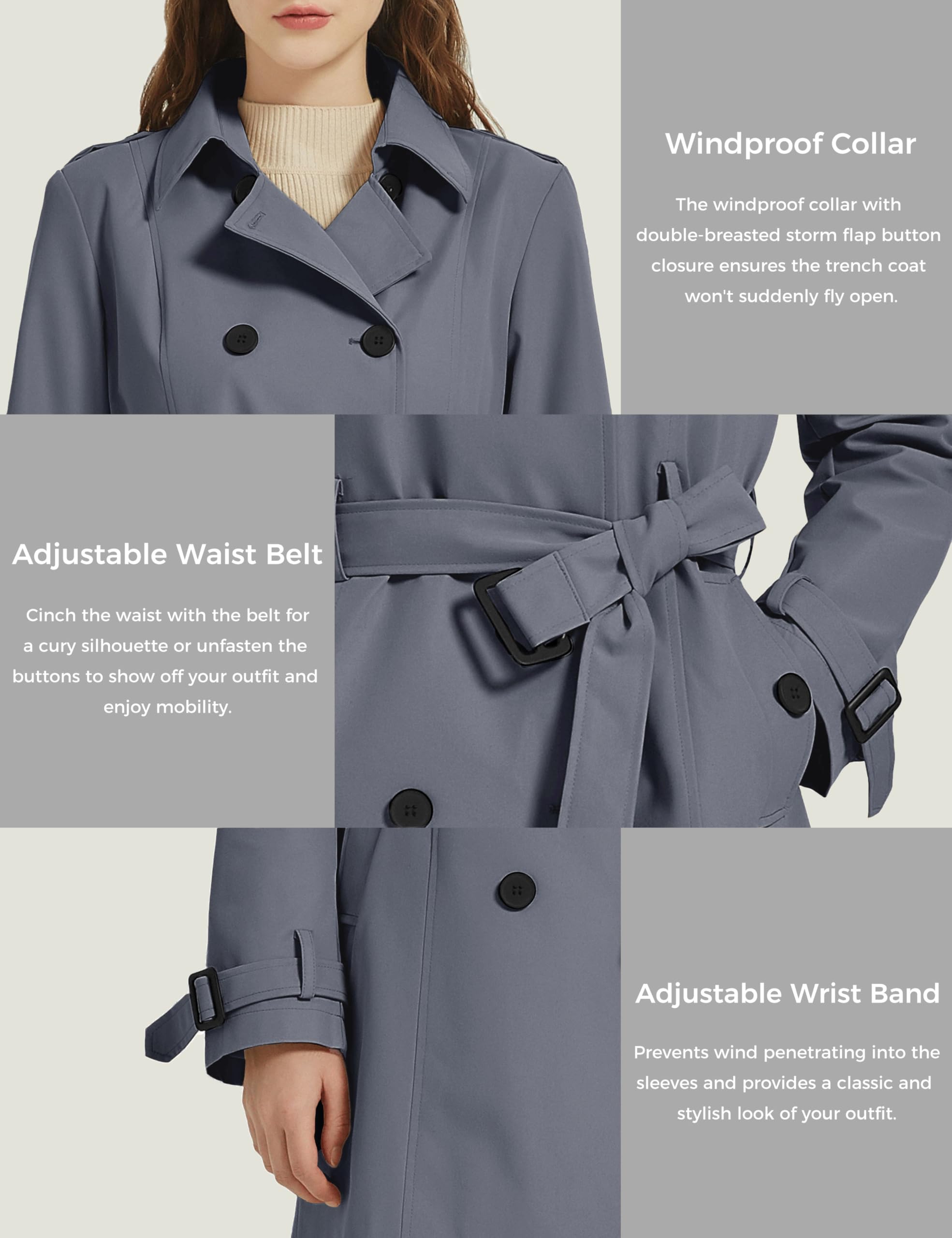 Wantdo Cappotto Primaverile da Donna Doppiopetto Lungo Trench Antivento Idrorepellente Leggera Casuale Giubbotto con Cintura Slim Fit