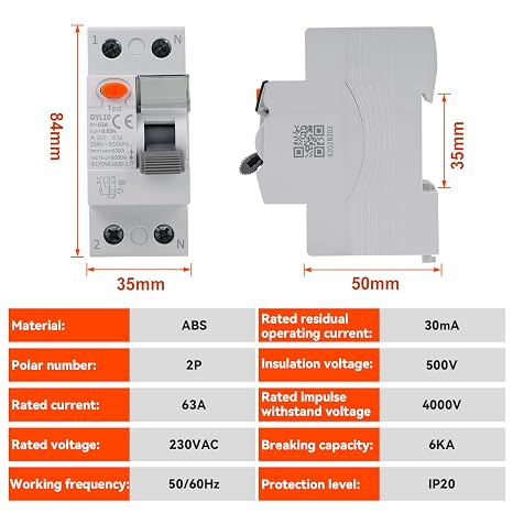Jadeshay Type A Differential Circuit Breaker 63A 30mA RCCB Magnetothermal Differential Switch Residual Current Circuit Breaker with Leakage Protection, Overloads and Short Circuits GYL10 2P AC230V