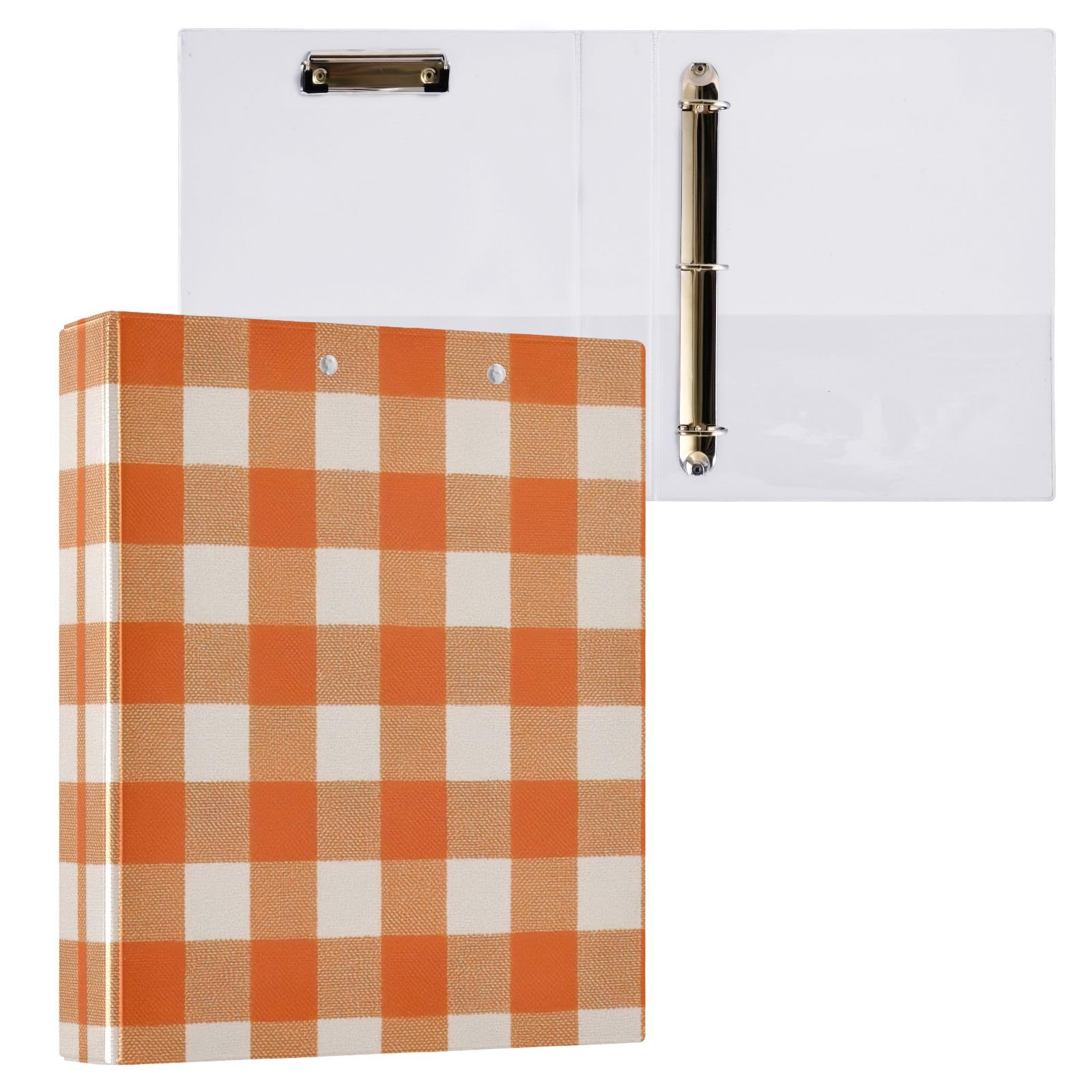 Carpeta clásica de tres anillos a cuadros naranja y blanco de 1.5 pulgadas, carpeta de anillos en D, paquete de 2 | Con portapapeles y bolsillos, para escuela, universidad, oficina