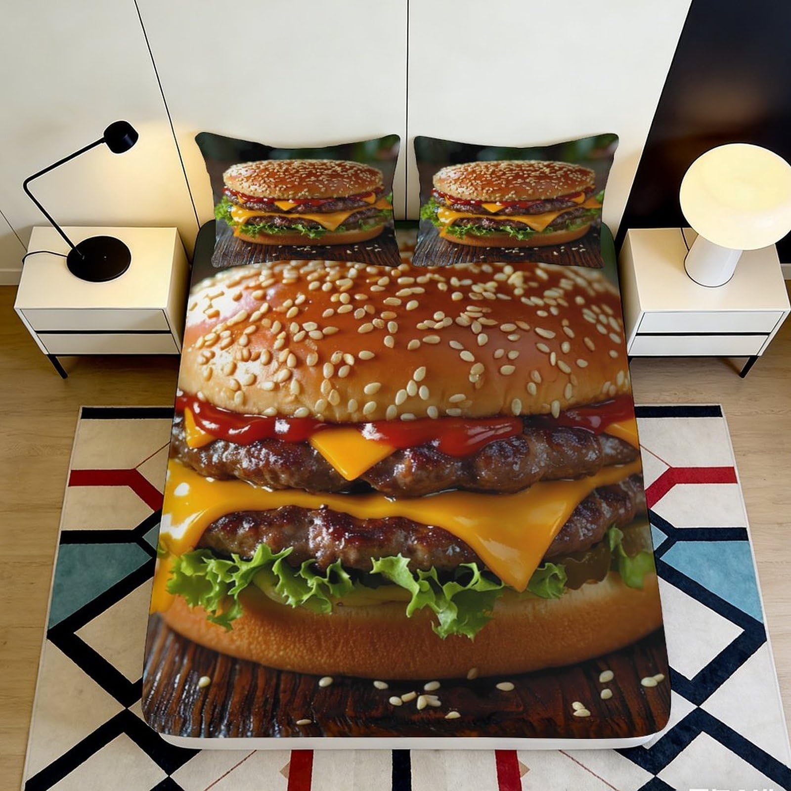 Pnayamiorkfel Style-4 3D Printed Burger Food Fitted Sheet Microfiber Soft Breathable Cheeseburger Bed Cover For Bedroom Dorm Mattress Protection Decor 90X200x25cm