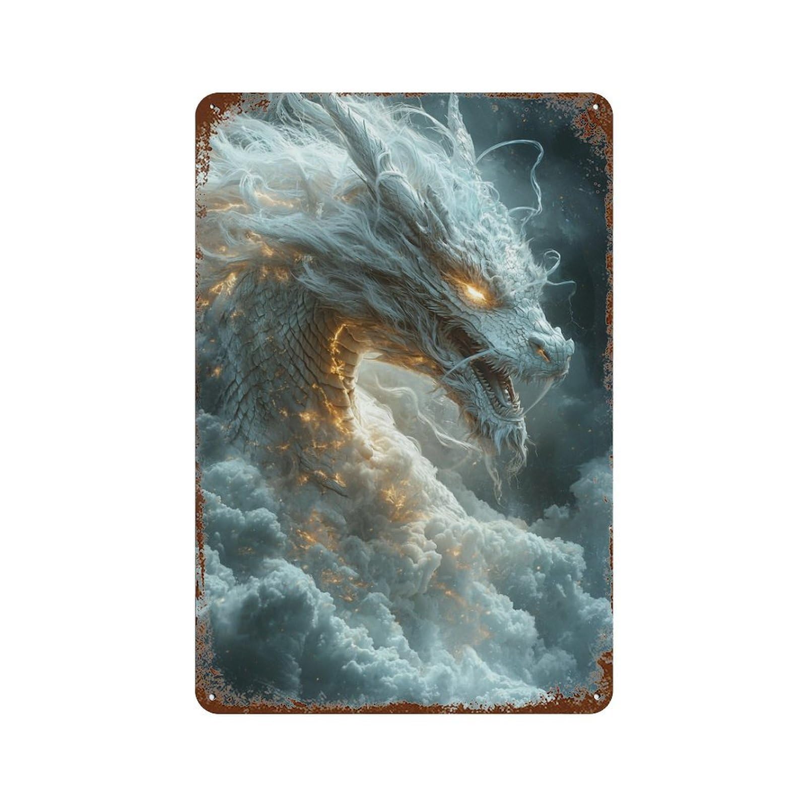 Dragon in Clouds Fantasy Artwork 11.8"x7.9" Rust Effect Tin Sign, Old School Wall Decor for Pub, Kitchen And Man Cave Decor