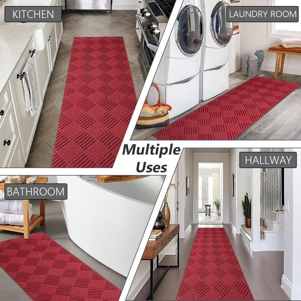 Runner Rug Non Slip, 2FT x 6FT Washable Area Rug Indoor Outdoor Rubber Back Carpet Mat for Hallway Kitchen Entryway Laundry Room Foyer Balcony Living Room, Red