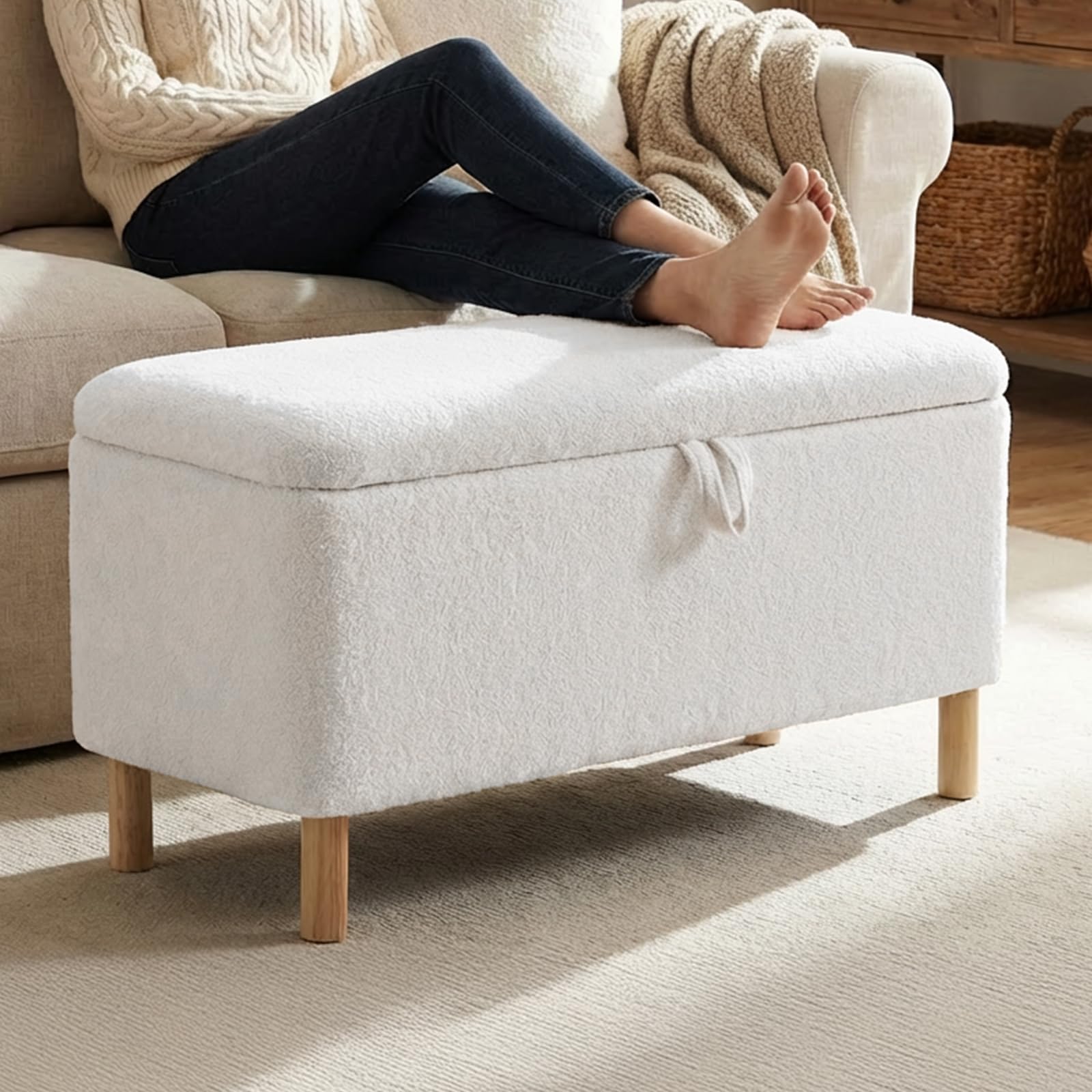 COLAMY Große Ottomane Aufbewahrungsbox für 80L, Ottomane Aufbewahrungsbank aus Holz mit rutschfesten Polstern und Klappdeckel, Fußhocker für Wohnzimmer, Schlafzimmer, Creme