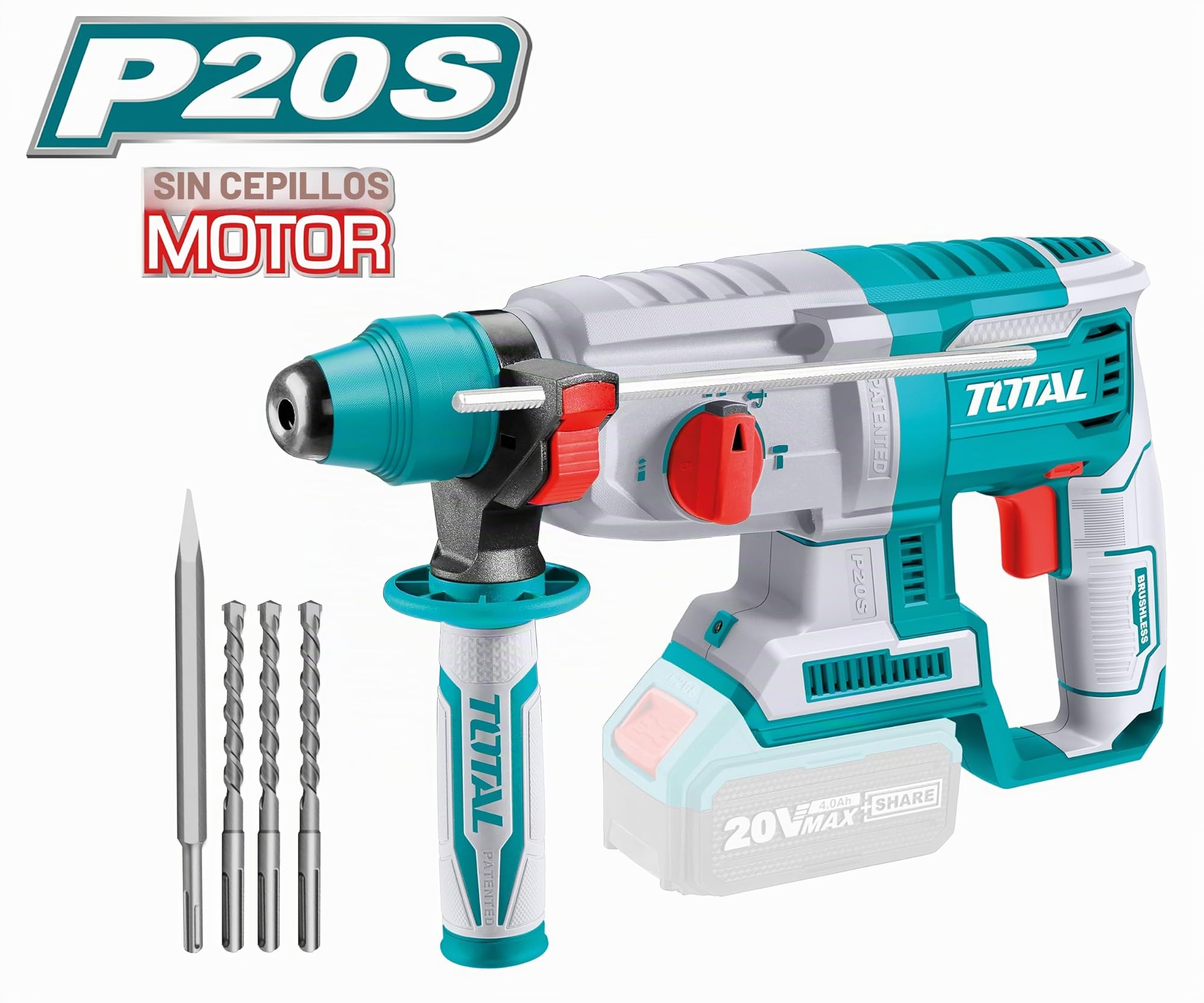 TOTAL - Martillo Combinado a Batería 20V - Motor Brushless Sin Escobillas - Luz LED - 3 Brocas SDS Plus y Cincel - Capacidad de Perforado 26mm - Fuerza Impacto 2J- No incluye Batería ni Cargador