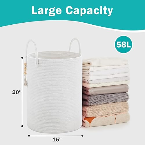 Miniatura 35 de YOUDENOVA Jute Rope Laundry Hamper Basket, 58L Tall Woven Collapsible Baskets for Blanket Organizing Clothes Hamper for Laundry Bedroom Storage