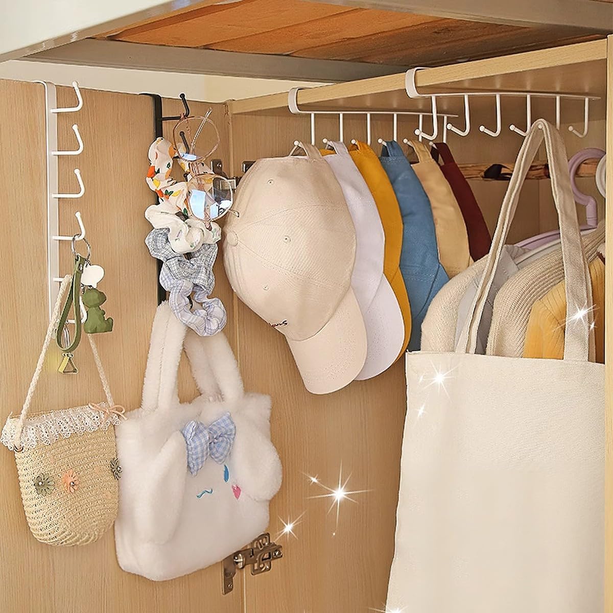 wolpin Over The Door Metal Hooks Hanger | 1 Pc Multipurpose Storage Rack for Wardrobe, Dressing Table & Kitchen | Organizer for Clothes, Hairbands, Scarves, Bags & Cups (White)